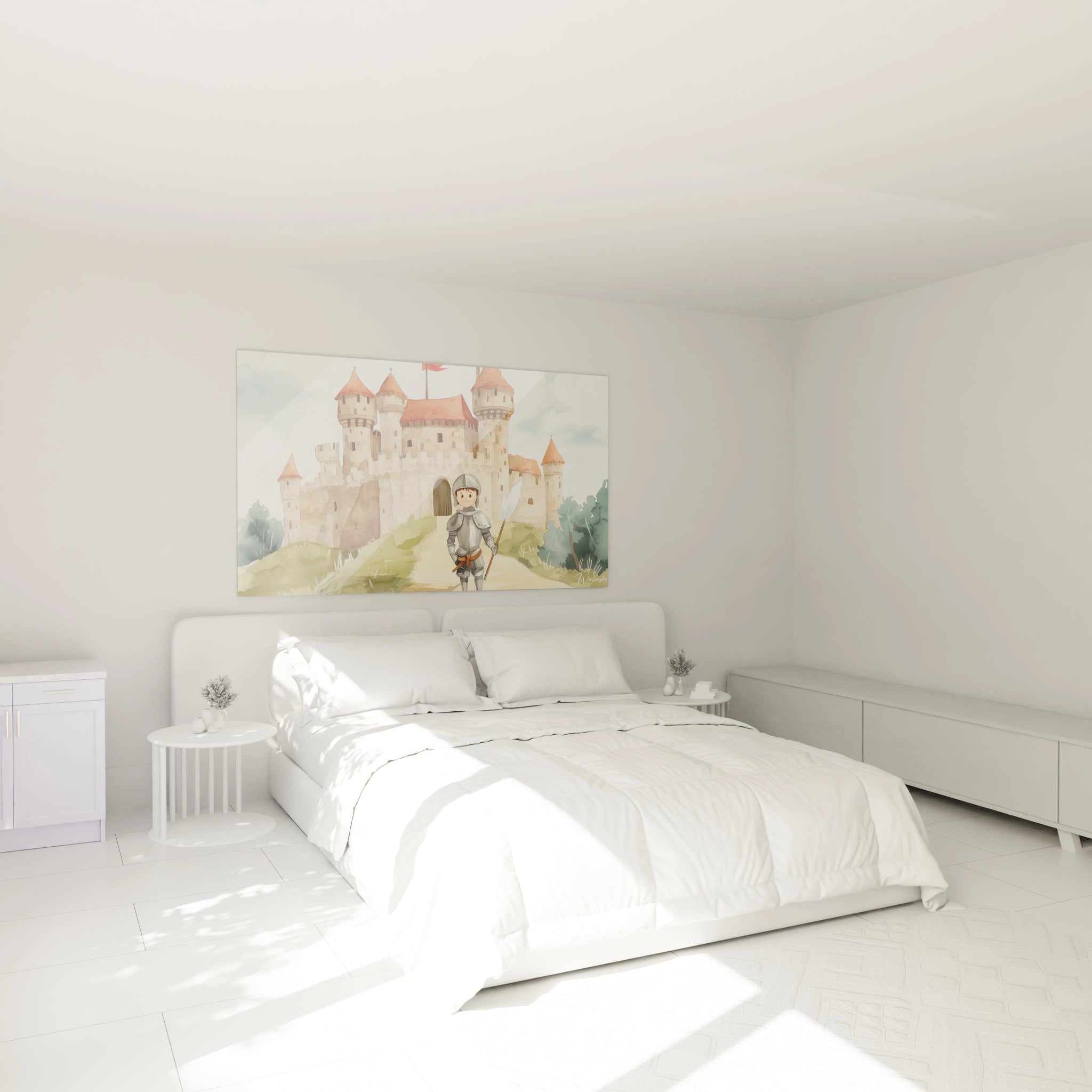 Un tableau chevalier pour enfant illustrant un chĂąteau mĂ©diĂ©val en pierre beige avec des tours aux toits rouges, un sentier herbeux menant Ă lâentrĂ©e et un chevalier en armure argentĂ©e au premier plan.