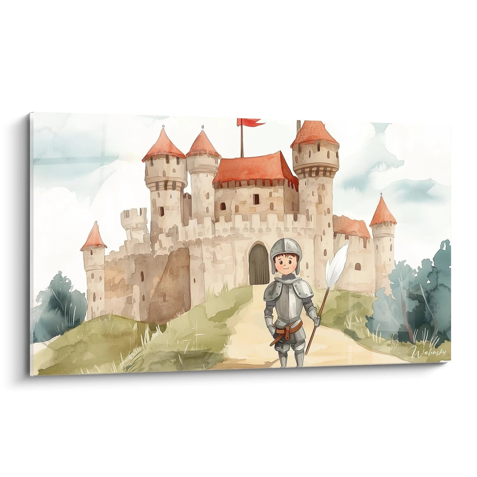 Un tableau chevalier pour enfant représentant un jeune chevalier en armure argentée, tenant une lance devant un chùteau beige aux toits rouges, avec un ciel bleu clair et une végétation verte.