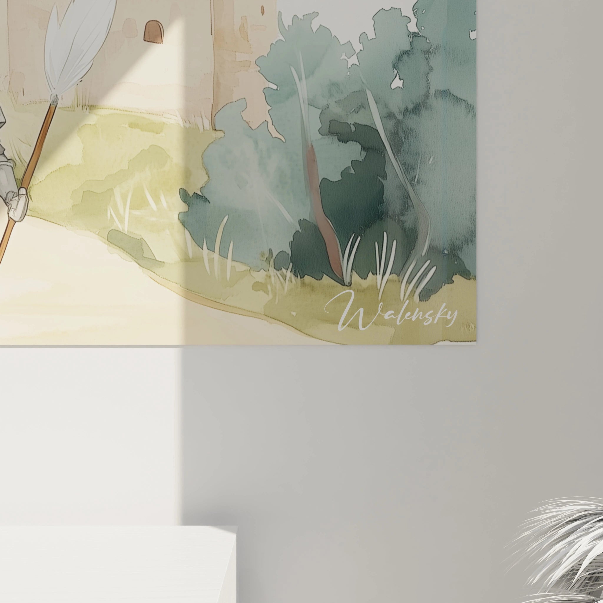 Un tableau chevalier pour enfant représentant une scÚne médiévale avec un chùteau aux murs de pierre texturés, un paysage verdoyant et un jeune chevalier en armure détaillée sur un sol sablonneux.