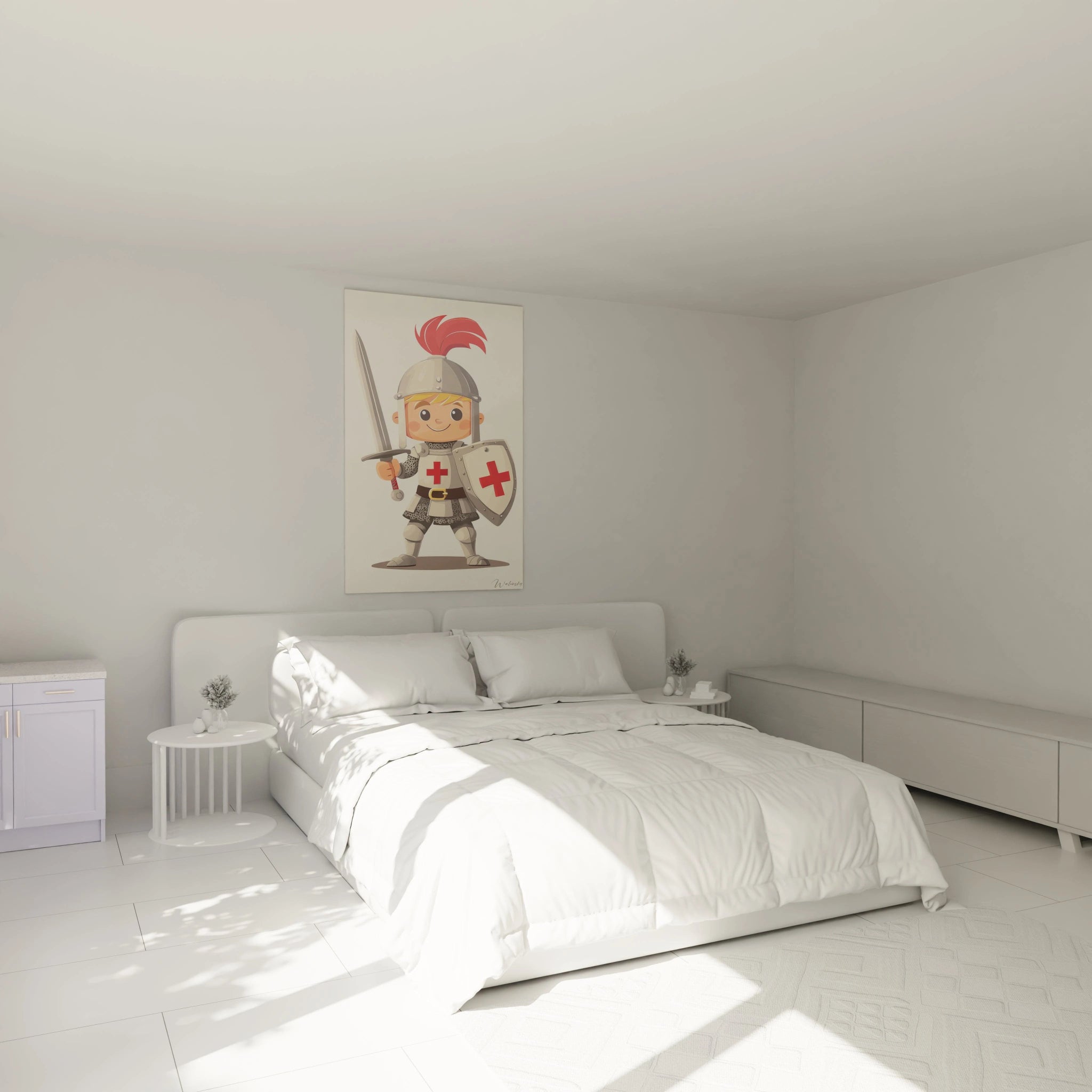 Tableau chevalier pour enfant montrant un jeune chevalier en armure métallique texturée, avec une plume rouge sur son casque. Son bouclier arbore une croix rouge et le fond est lisse et épuré.