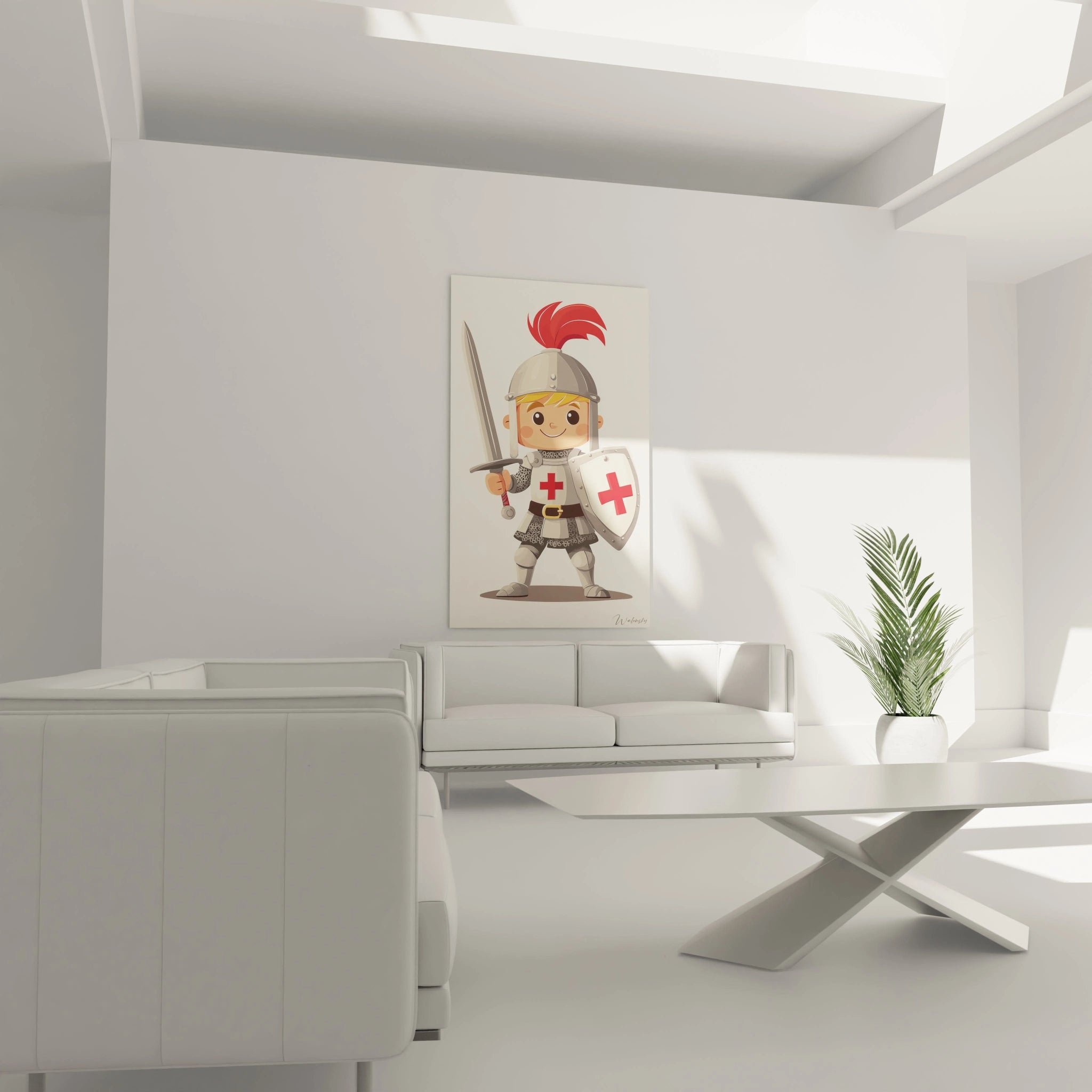 Une illustration de tableau chevalier pour enfant avec un personnage souriant en armure détaillée, portant une épée et un bouclier. L’image présente des contrastes entre les reflets métalliques et les tons doux.