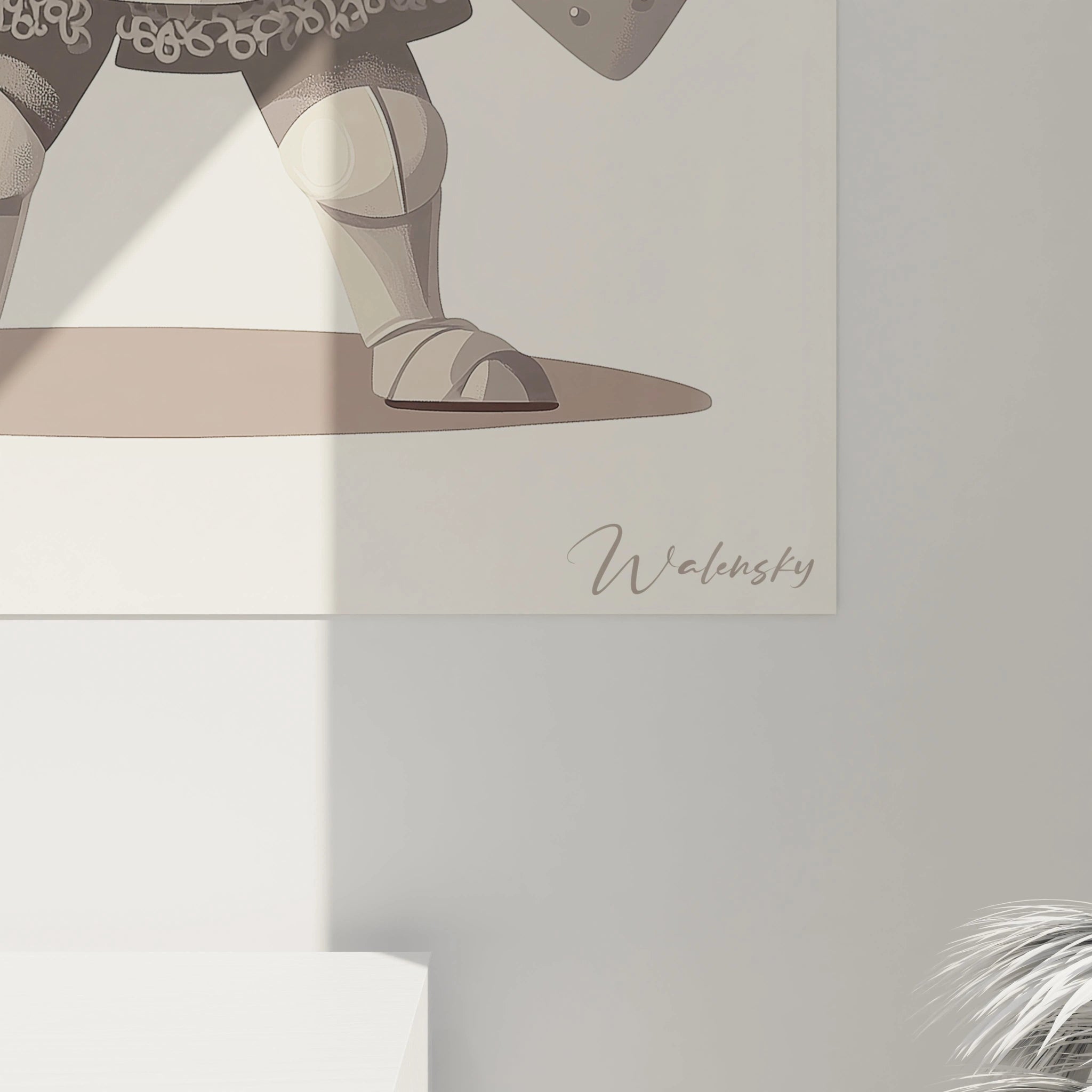 Un tableau chevalier pour enfant figurant un guerrier miniature en armure argentée, tenant une épée et un bouclier marqué d’une croix rouge. Les textures métalliques contrastent avec le fond lisse beige.