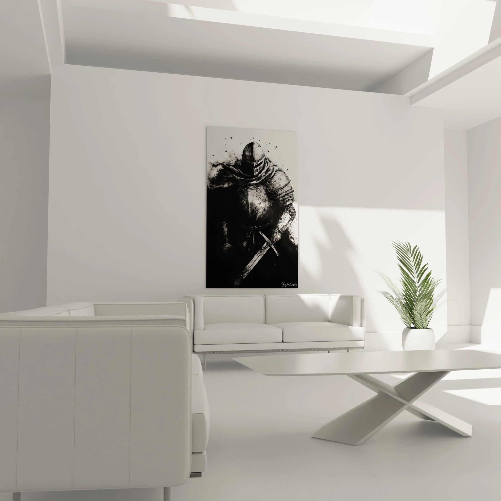 Un tableau sombre illustrant un chevalier en tenue de combat complète, avec heaume fermé et épée dégainée. L'œuvre monochrome utilise des éclaboussures d'encre et des traits dynamiques pour suggérer le mouvement et la force, sur fond gris pâle.