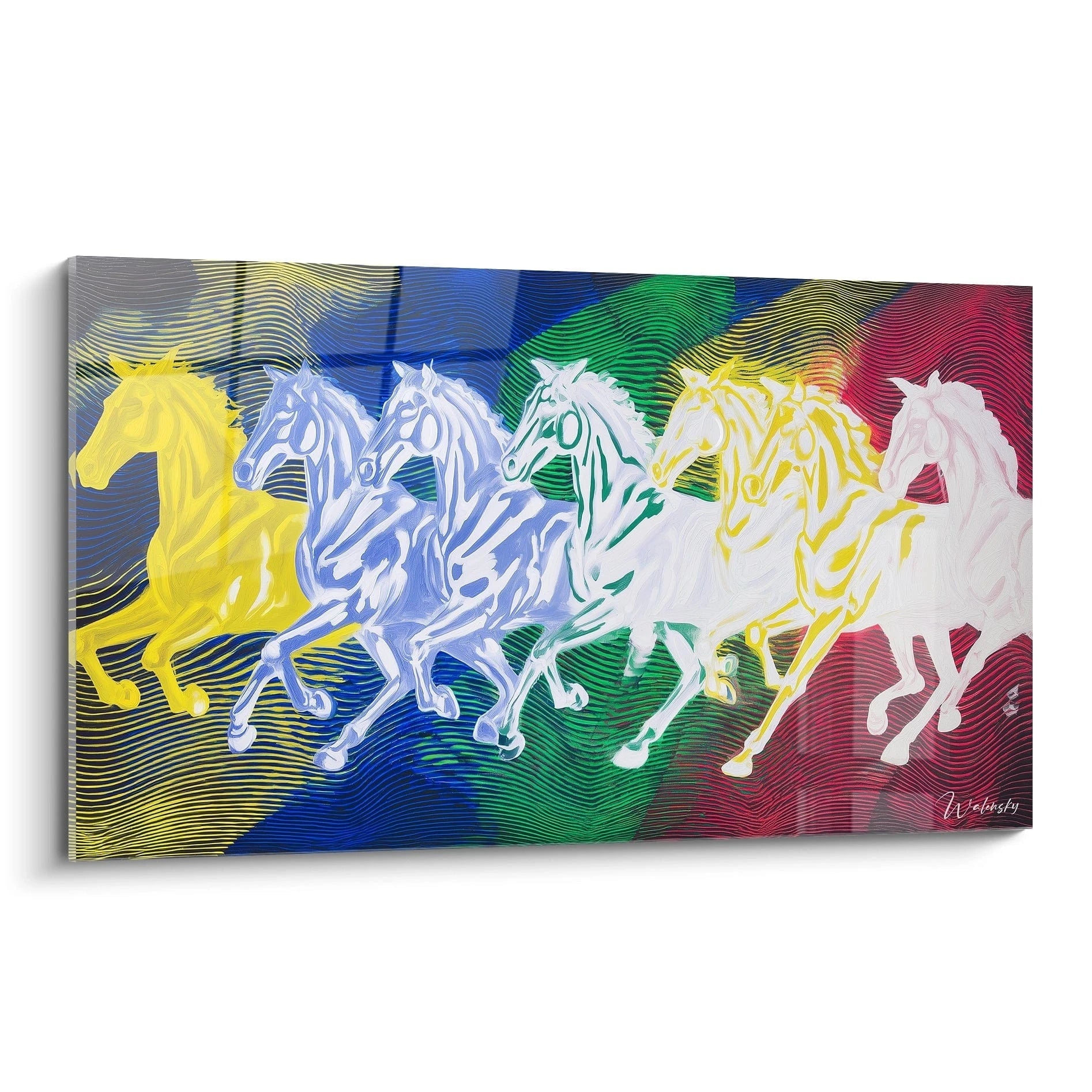 Tableau mural Walensky montrant un tableau chevaux op art avec chevaux au galop sur fond rayures bleu vert jaune rouge