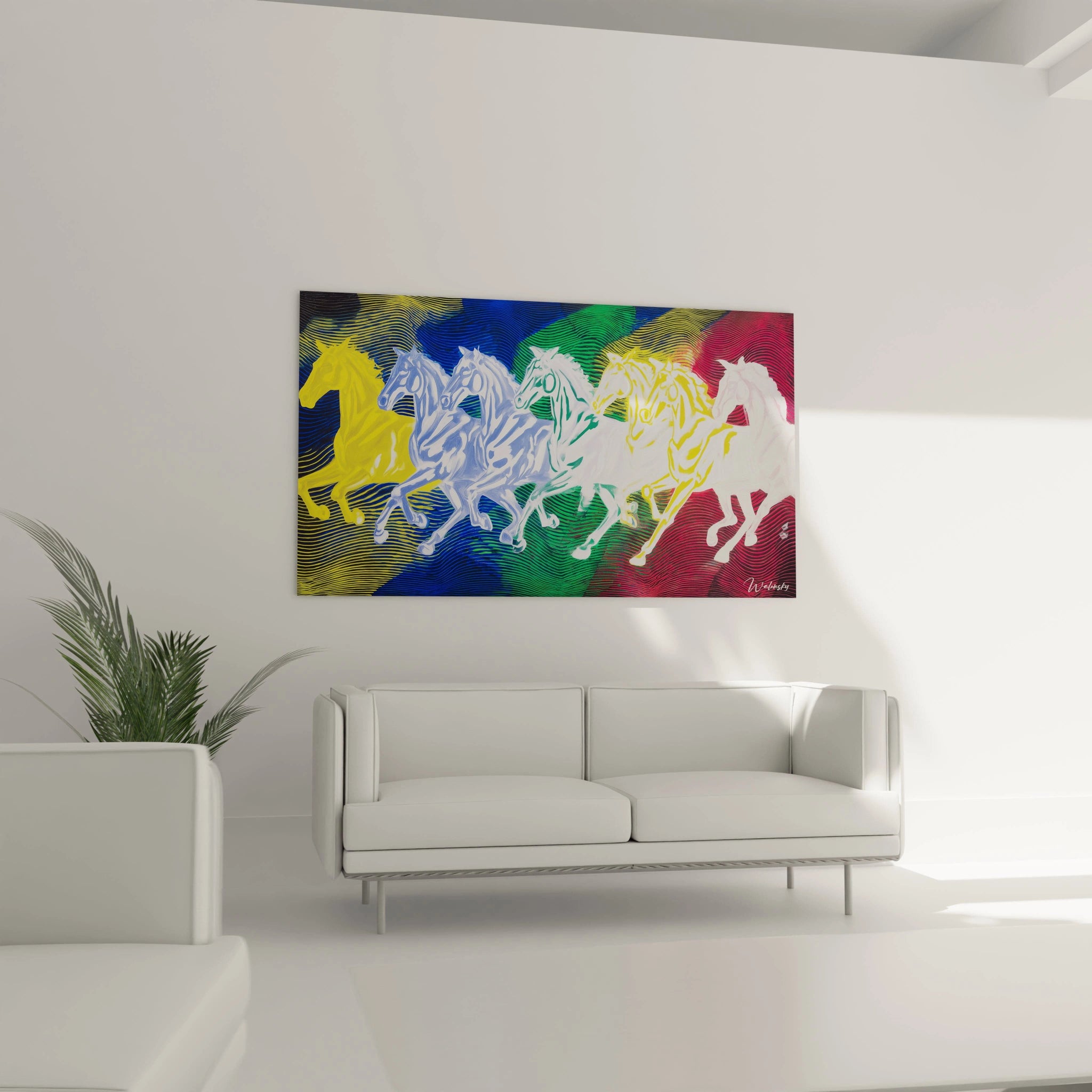 tableau chevaux op art Walensky multicolore affichant des chevaux stylises courant au mur du salon
