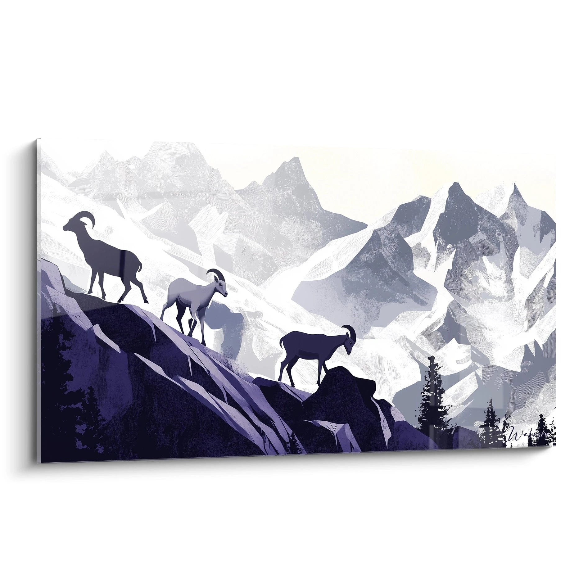 Tableau chèvre des montagnes Walensky avec silhouette de trois chèvres sur fond de sommets enneigés