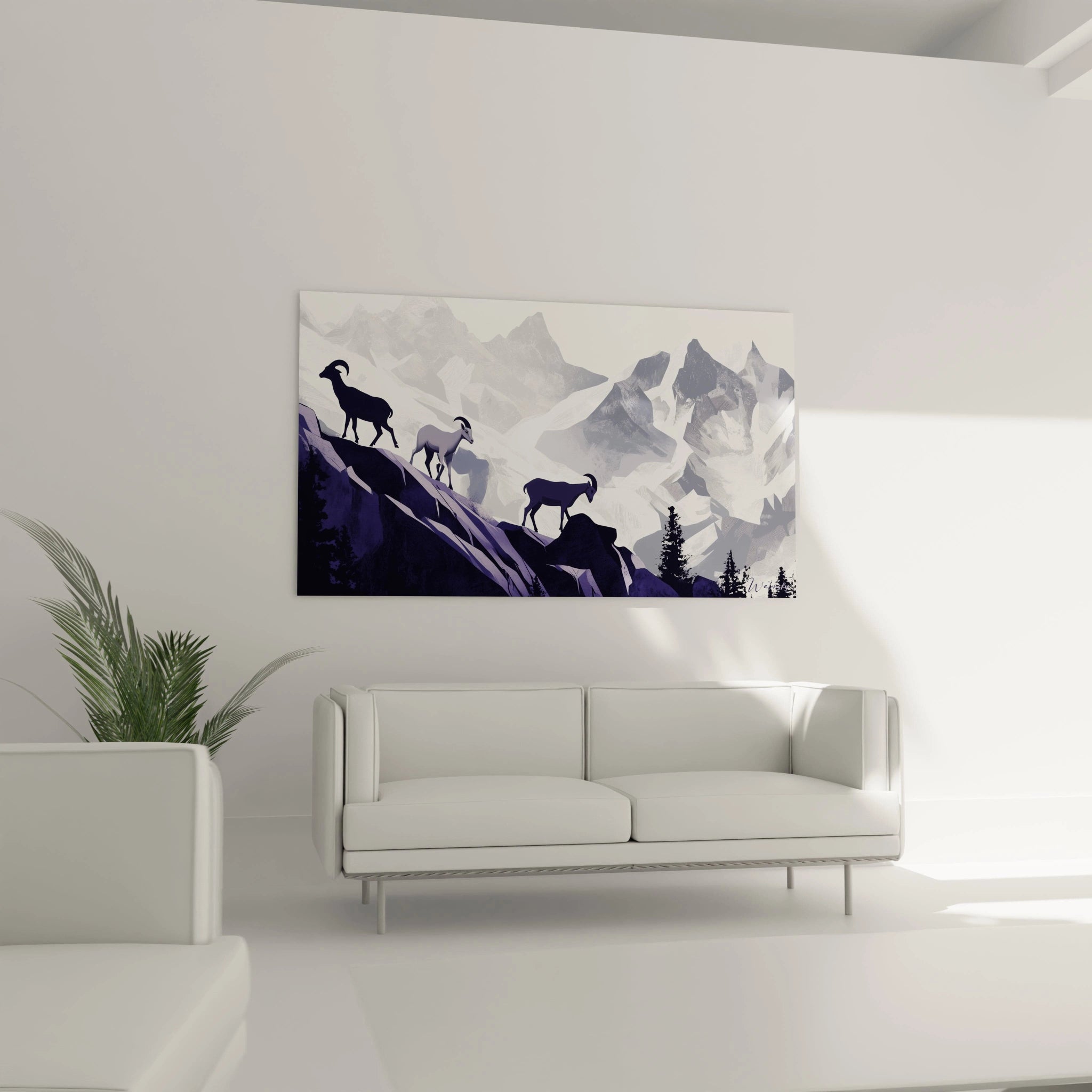 Tableau chèvre des montagnes Walensky suspendu dans un salon moderne avec canapé blanc minimaliste