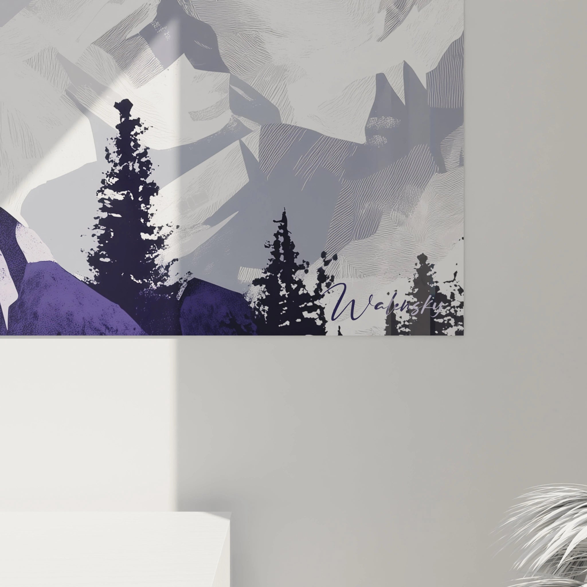 Tableau chèvre des montagnes Walensky avec paysage montagneux et sapins en tons gris et violet