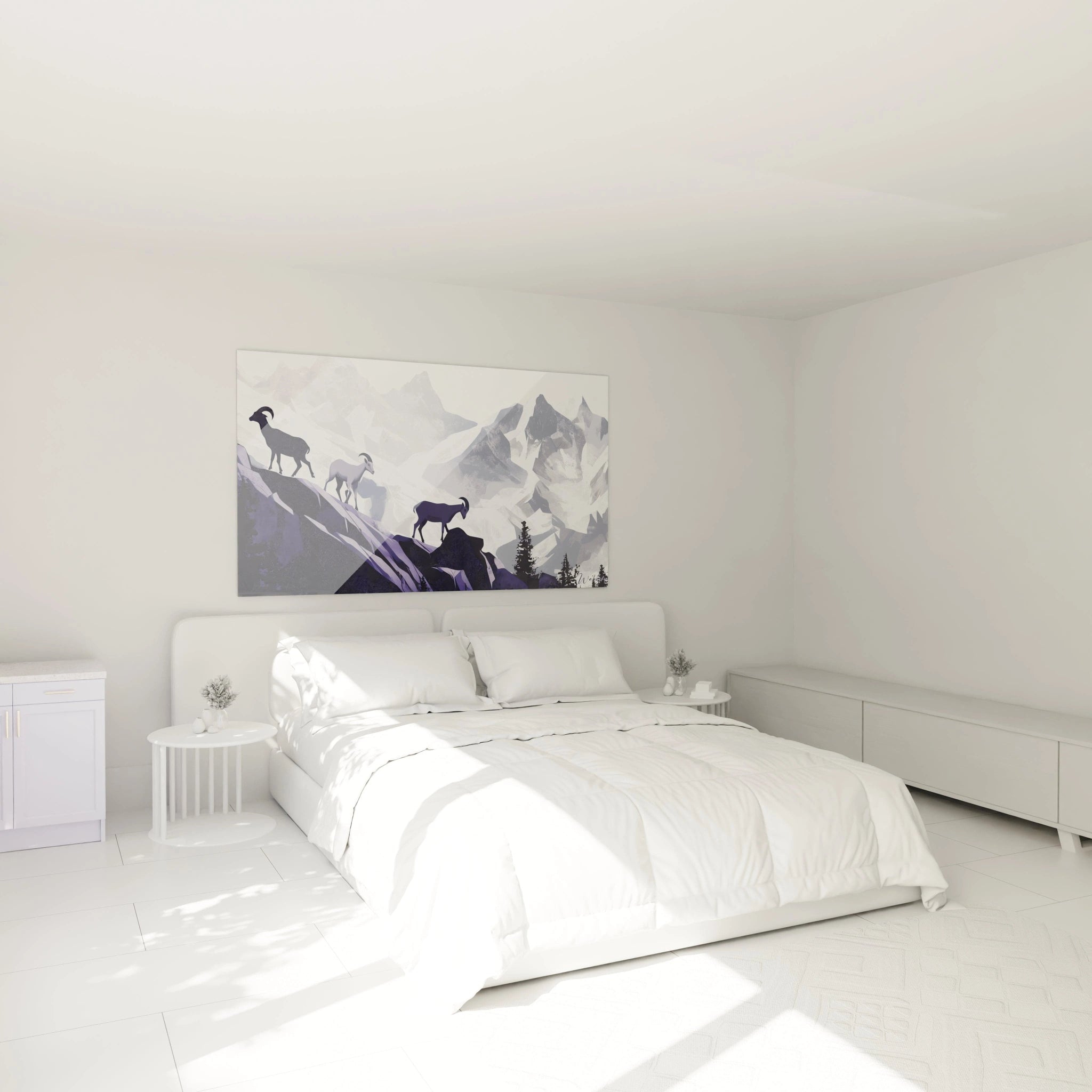 Tableau chèvre des montagnes Walensky accroché dans une chambre moderne blanche avec lit double