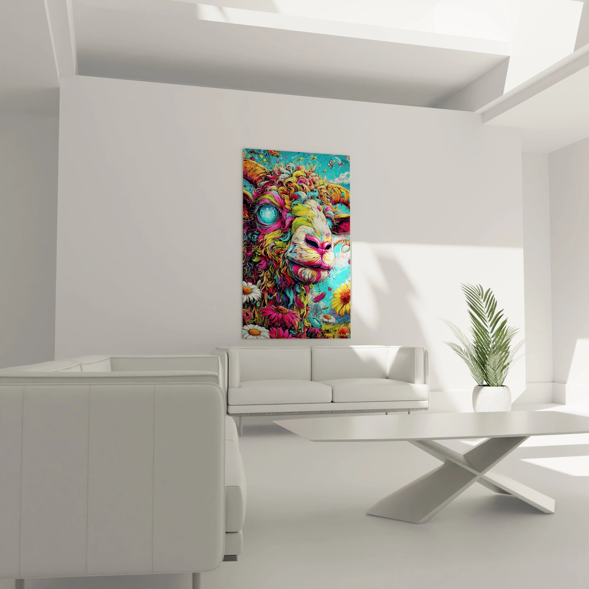 Gros plan sur œil cosmique bleu et crinière multicolore du lion psychédélique en art mural