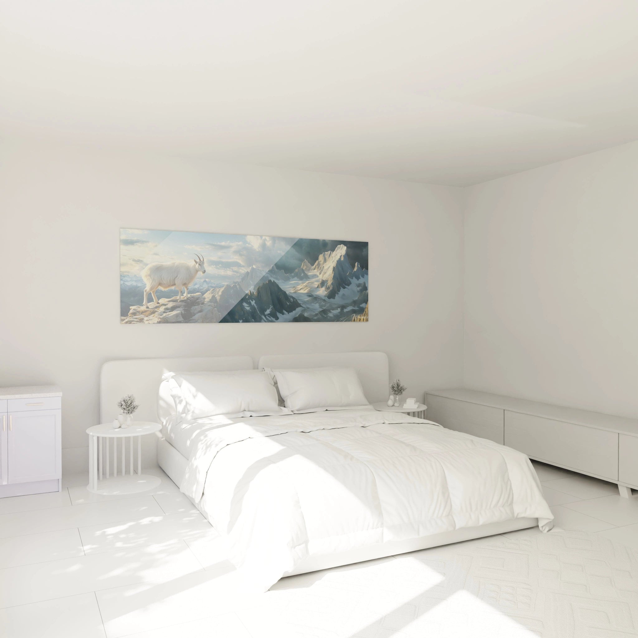 Tableau chèvre des montagnes Walensky accroché au-dessus d'un lit blanc dans une chambre minimaliste