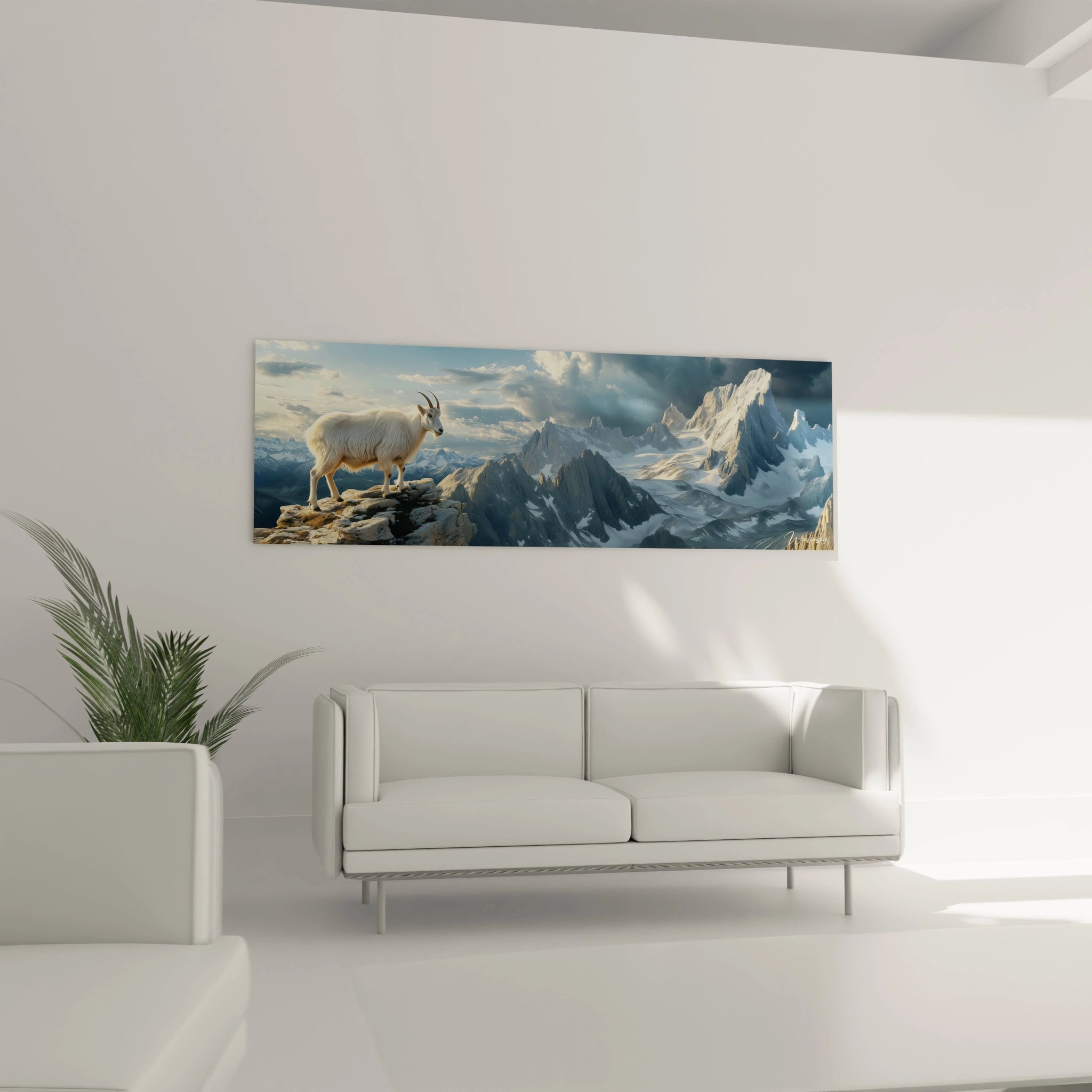 Tableau chèvre des montagnes Walensky avec paysage alpin détaillé accroché dans un salon moderne blanc