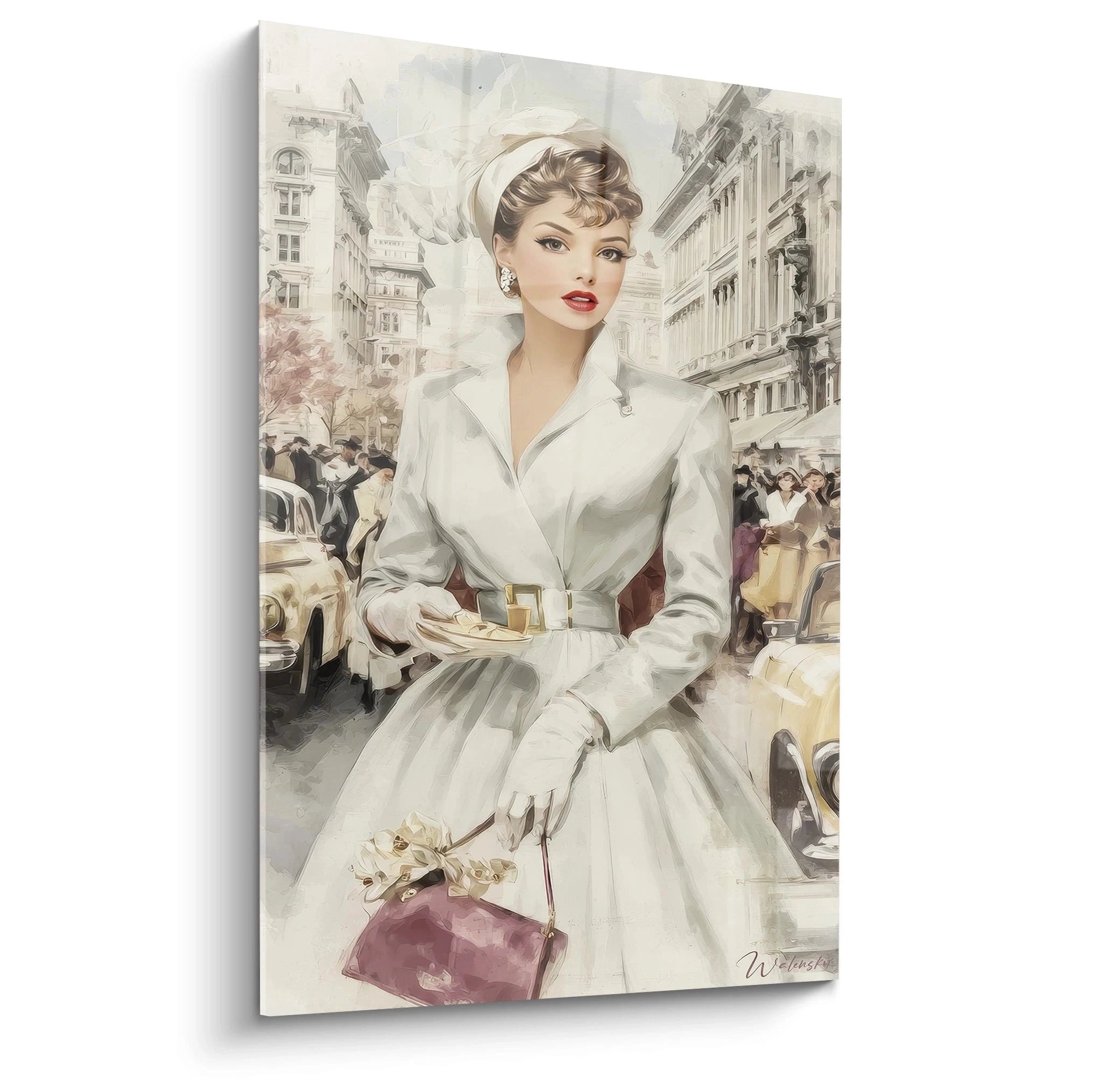 Tableau parisien chic vintage représentant une femme élégante en ville avec une tenue vintage