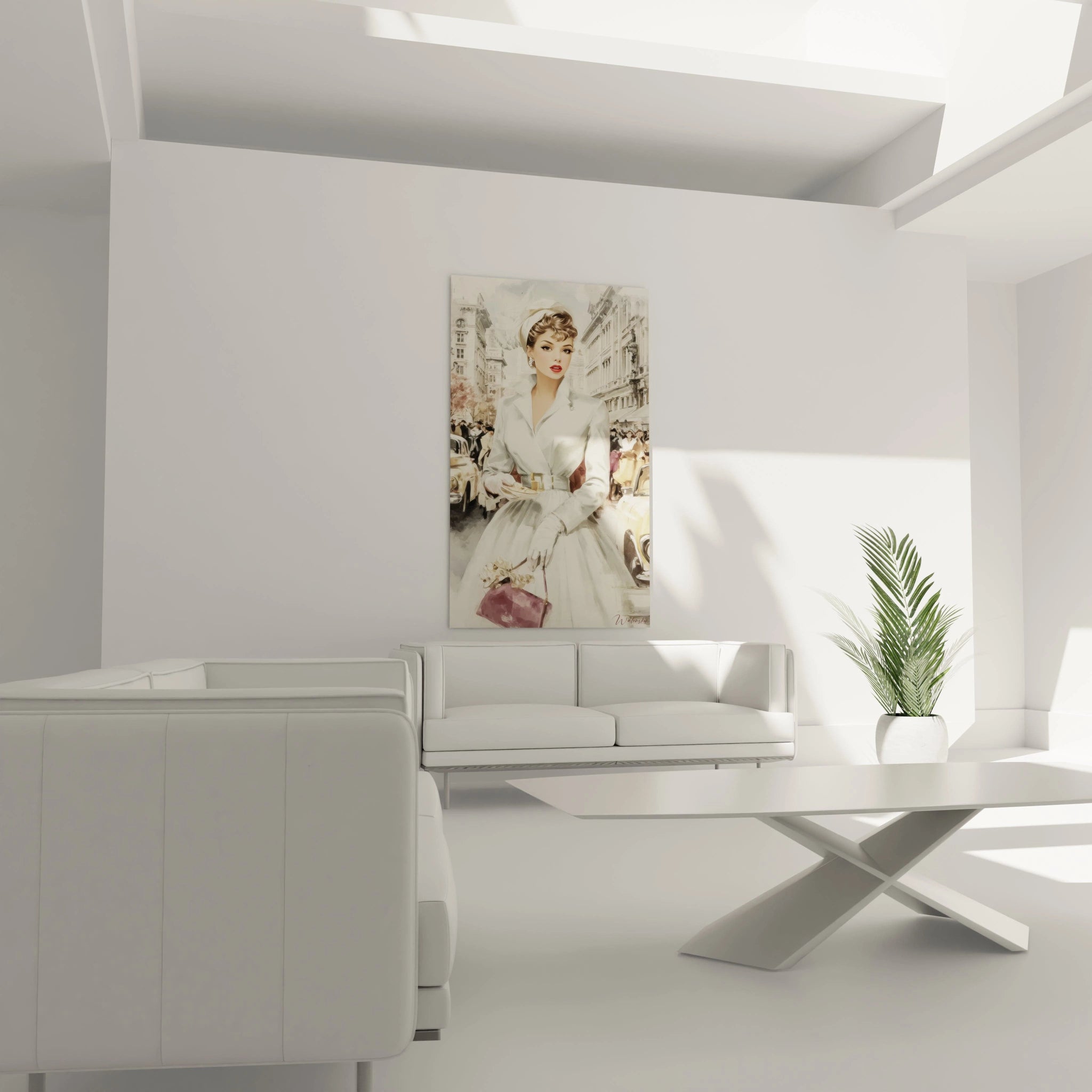 Tableau parisien chic vintage représentant une femme élégante dans un décor urbain raffiné