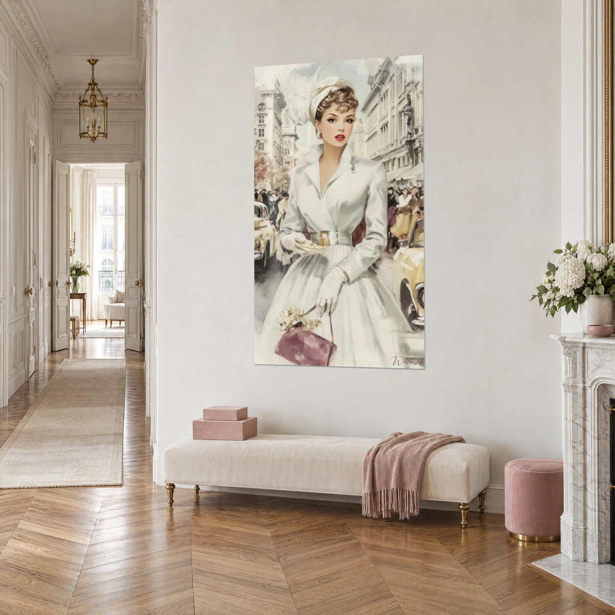 Πίνακας ρετρό pin-up με κόκκινο κραγιόν, χαλαρό κότσο και ιβουάρ μαντήλι, τρίμιση πλάγια θέα σε κρεμ τοίχο χαουσμανικού στυλ