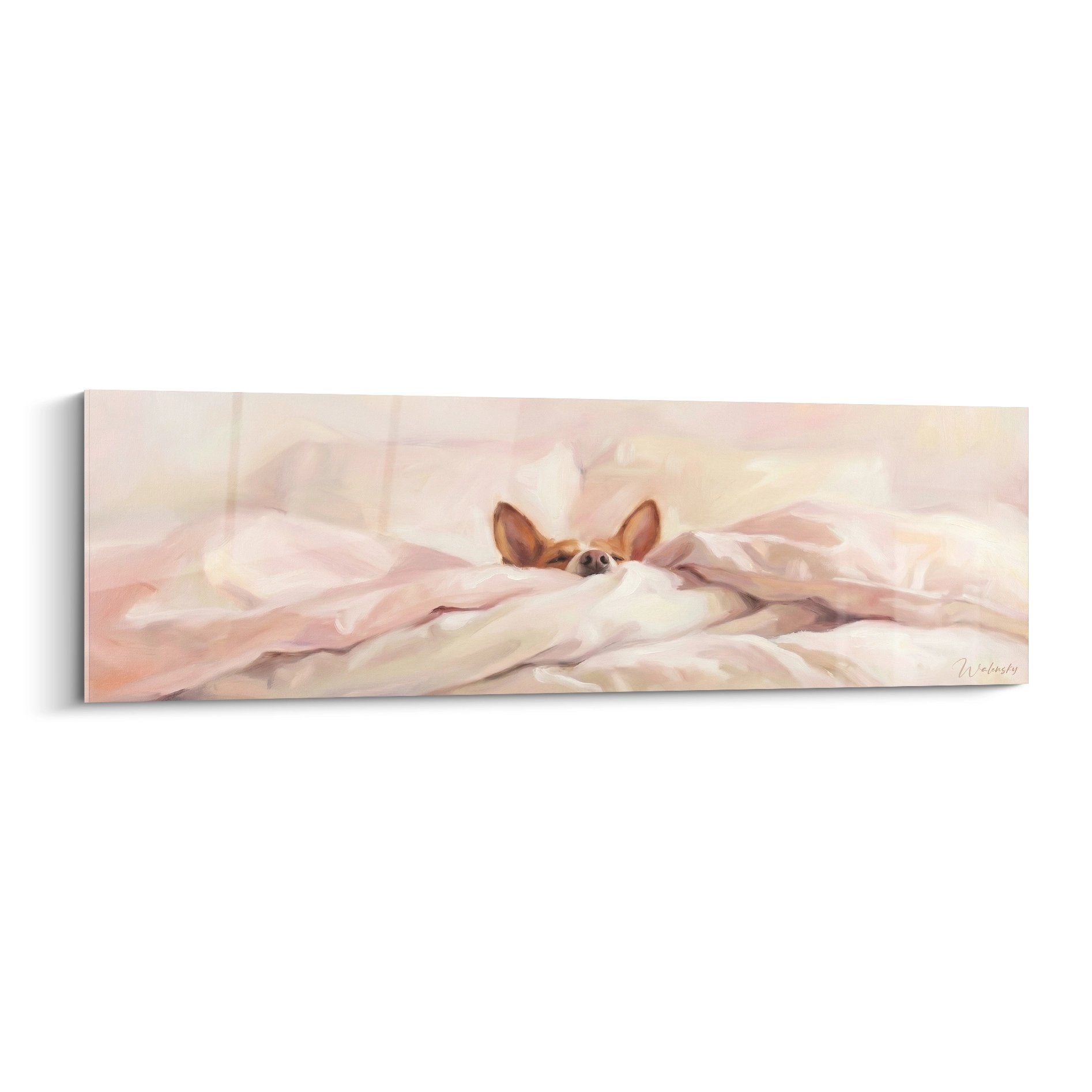 Tableau chien Basenji couché sous couvertures roses et crème, style peinture contemporaine tons pastel