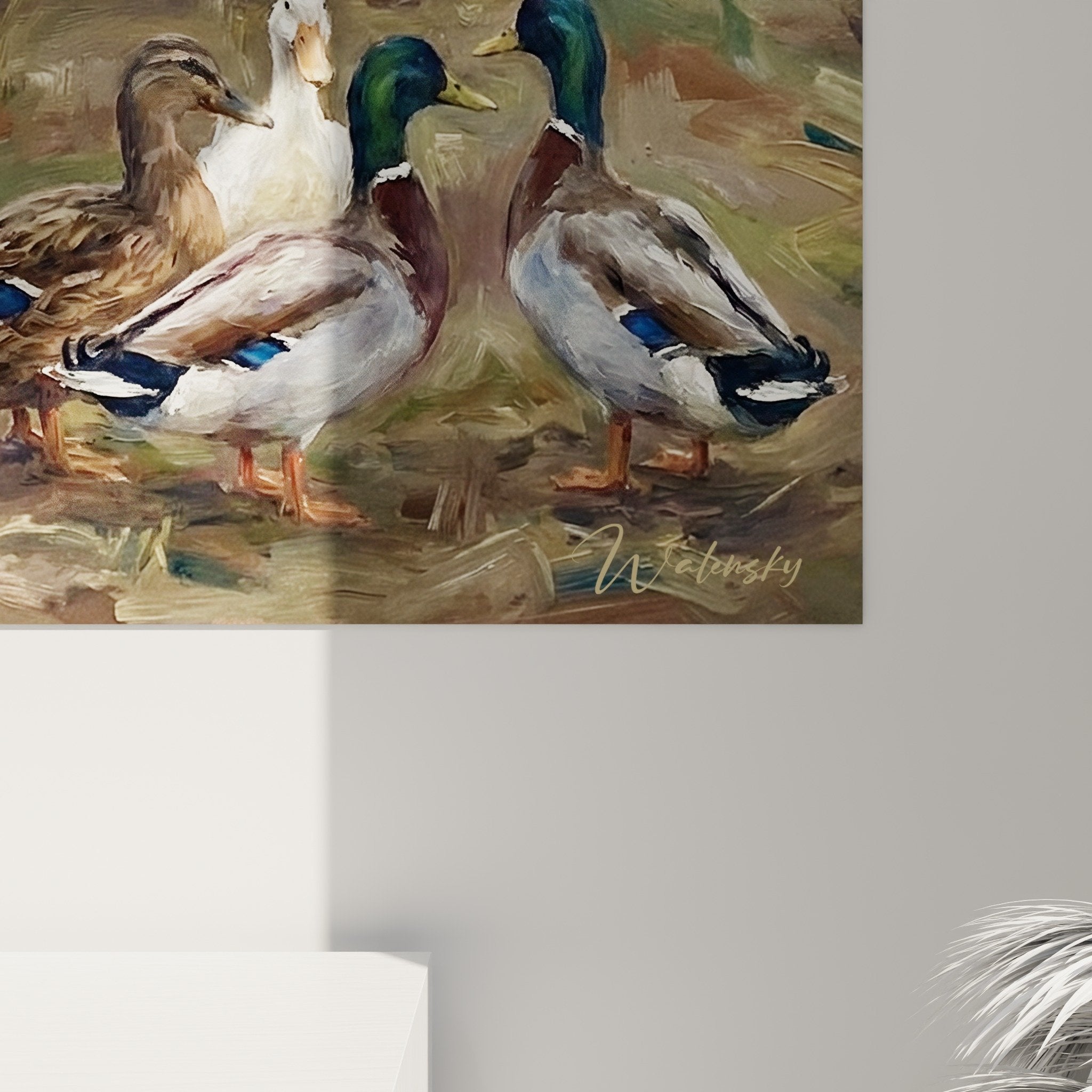 Vista d'insieme quadro cane pastore anatre fattoria arte animalier decorazione interiore