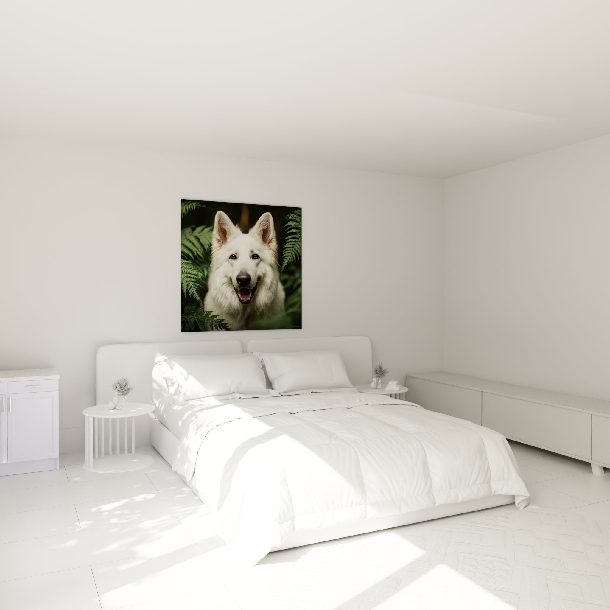Tableau portrait chien blanc aux yeux miel décorant chambre moderne avec fougères délicates