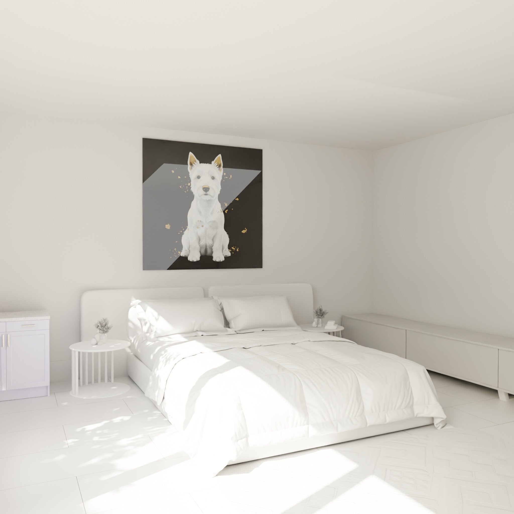 Tableau chien blanc et or décorant une chambre moderne aux murs clairs et mobilier contemporain