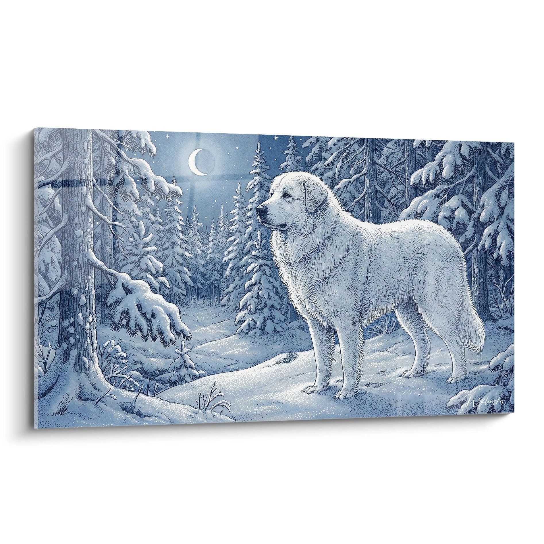 Gemälde majestätischer weißer Hund im verschneiten Wald unter Mondlicht, ruhige und poetische Winteratmosphäre