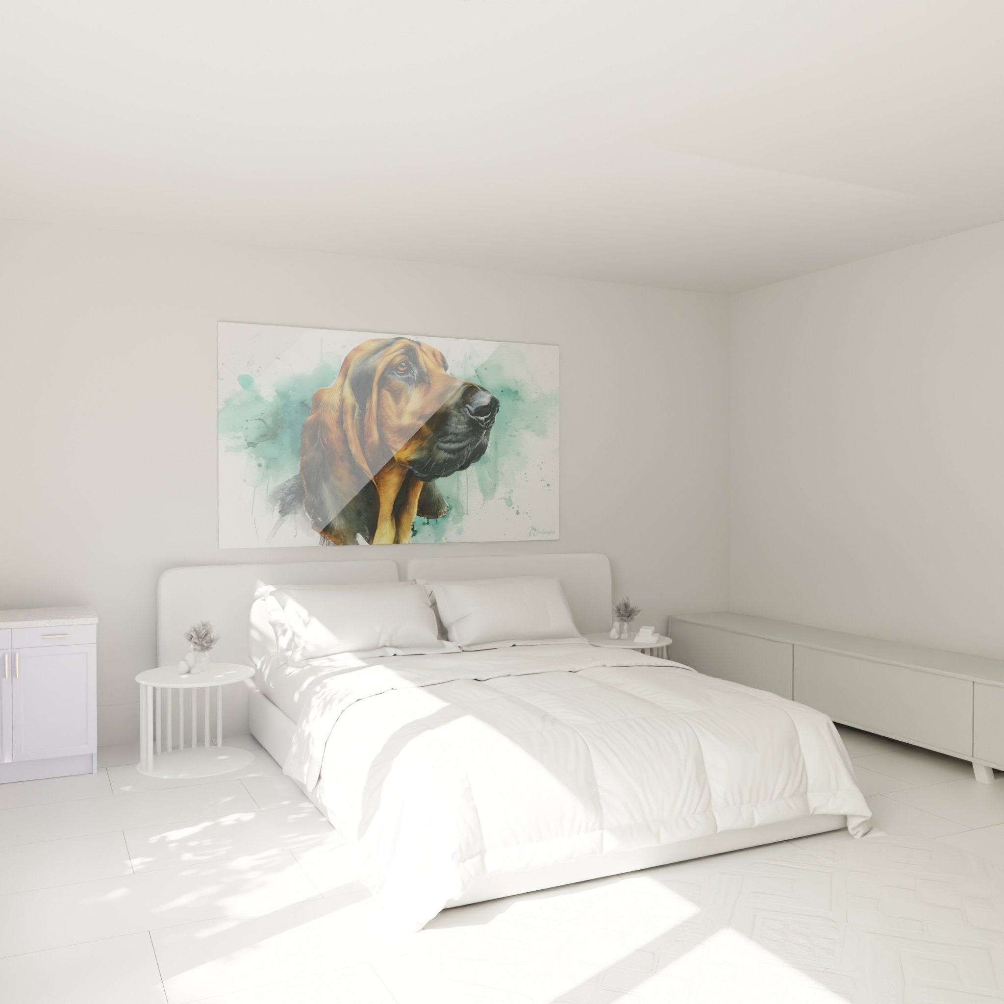Tableau chien chasse Bloodhound aquarelle verte decoration murale chambre ambiance chaleureuse noble