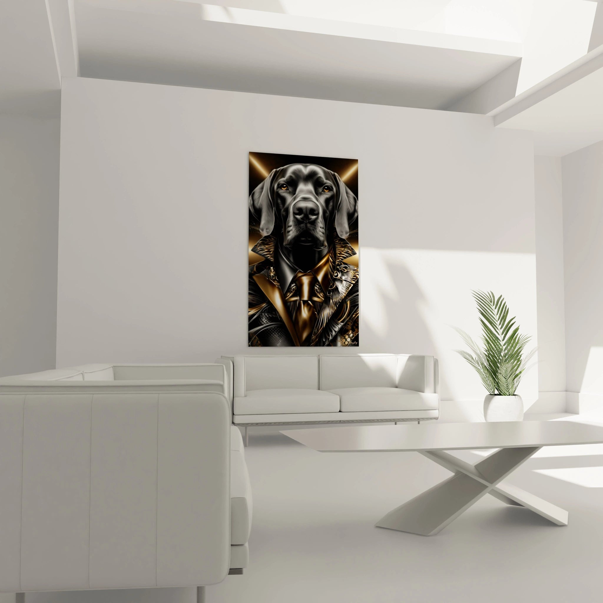 Gros plan tableau braque aristocrate armure dorée détails raffinés art mural luxueux