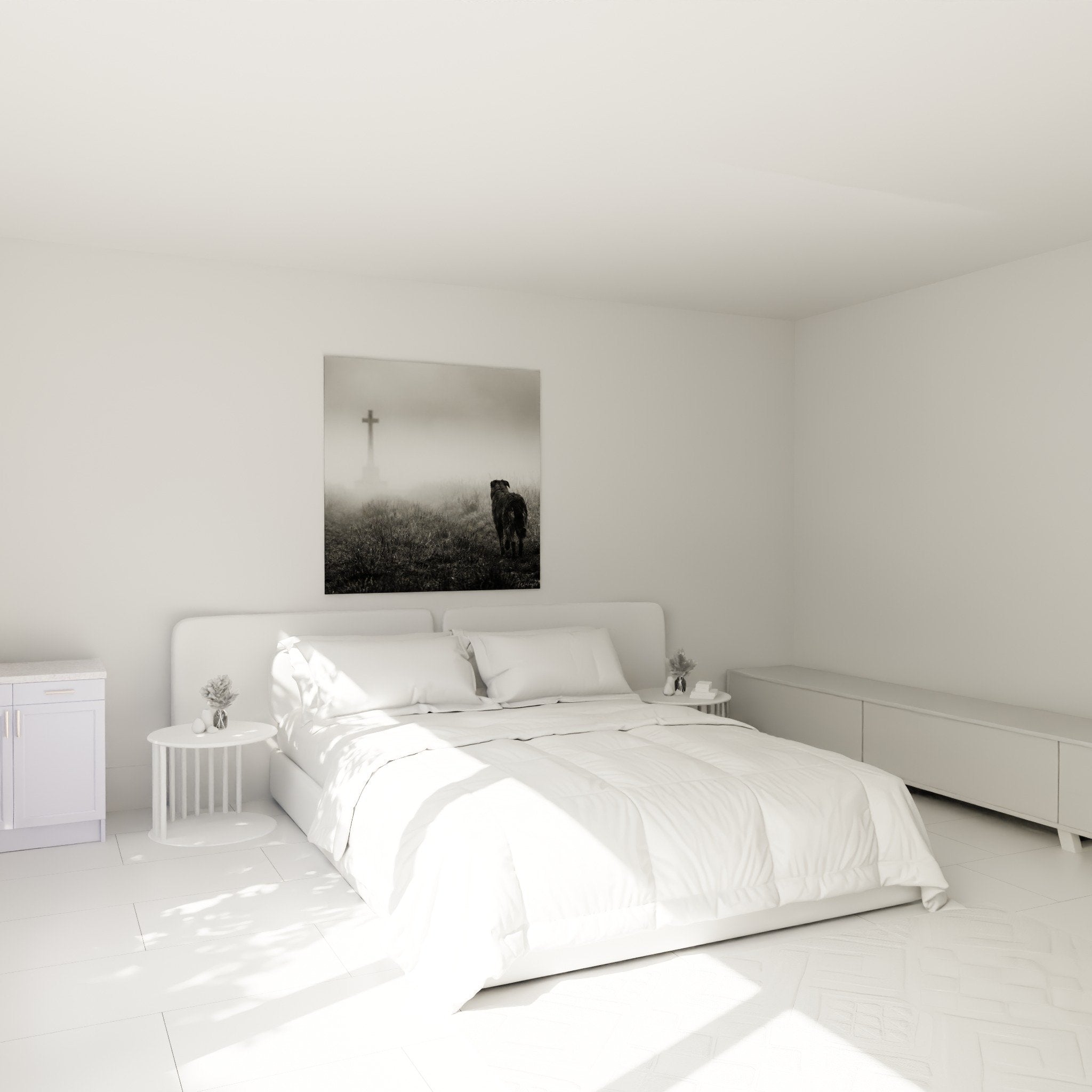 Tableau chien brume croix dans chambre moderne, décoration murale apaisante noir et blanc