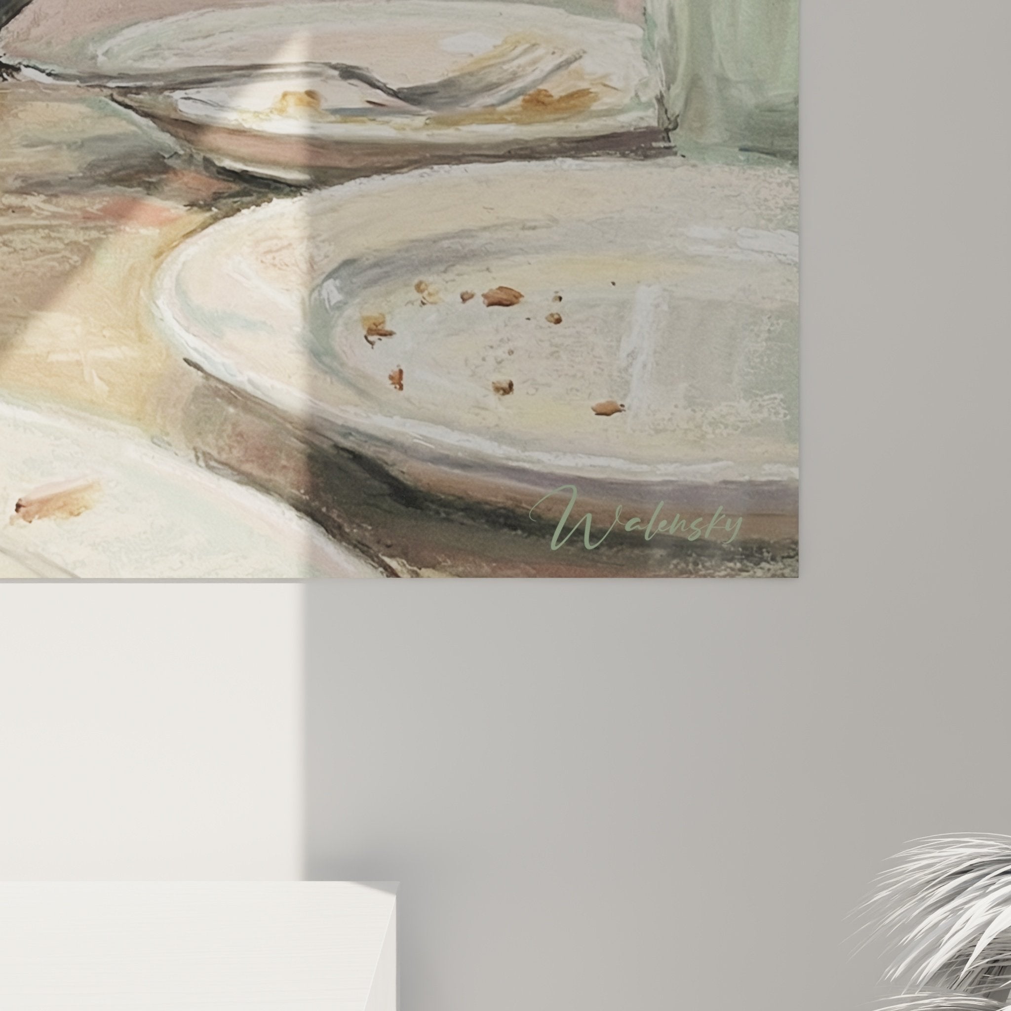 Vue ensemble tableau Cane Corso scène cuisine domestique assiettes vides ambiance douce lumière naturelle