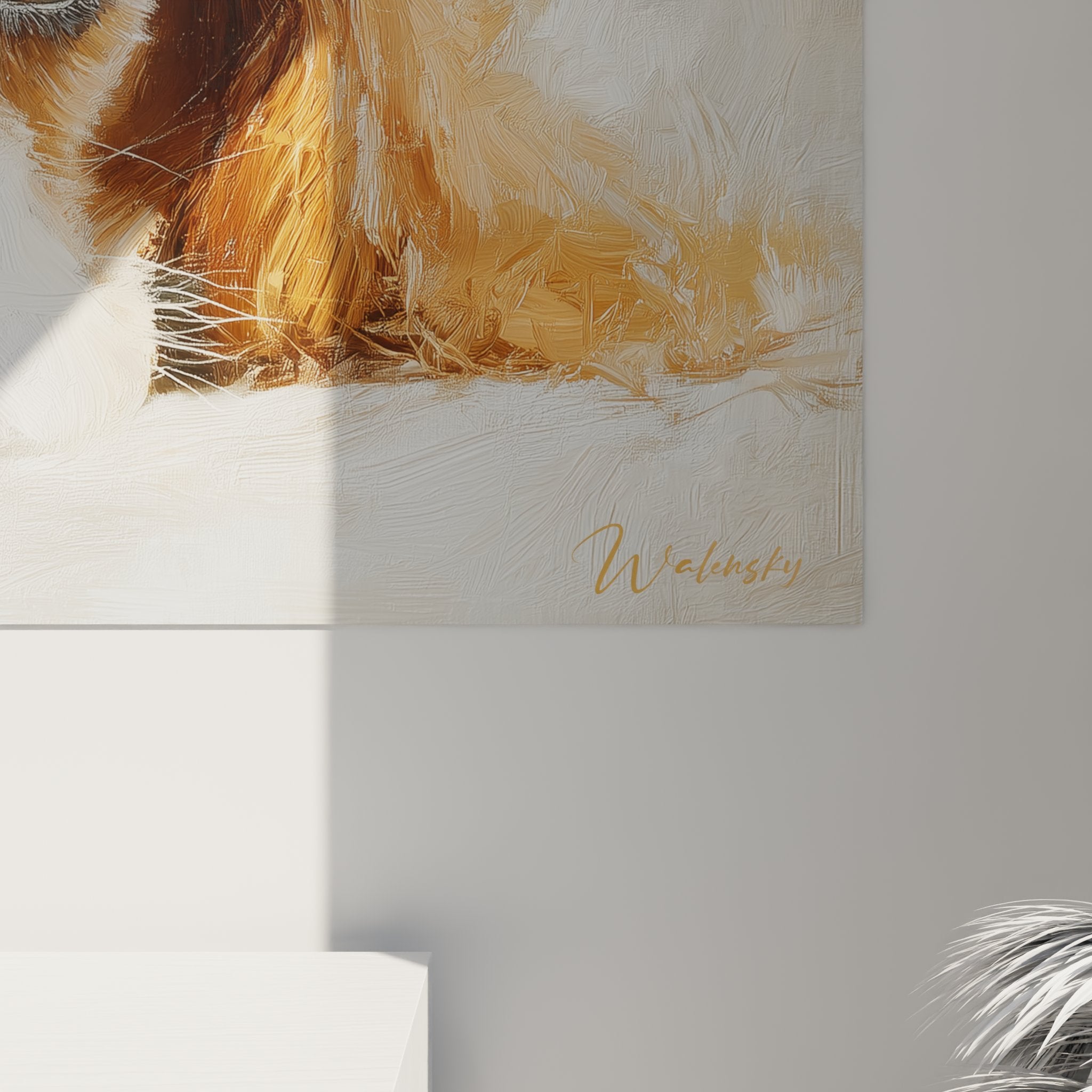 Vue ensemble tableau cavalier king charles portrait chien decoration murale peinture realiste tons chauds