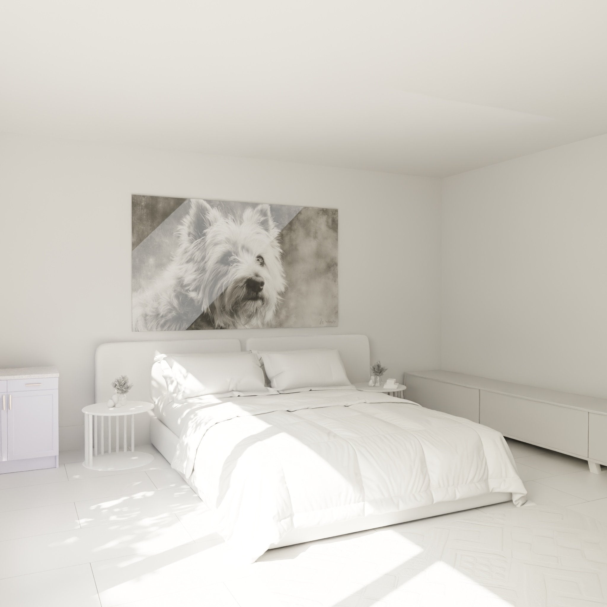 Tableau portrait chien noir blanc decoration chambre ambiance douce murale Cairn Terrier