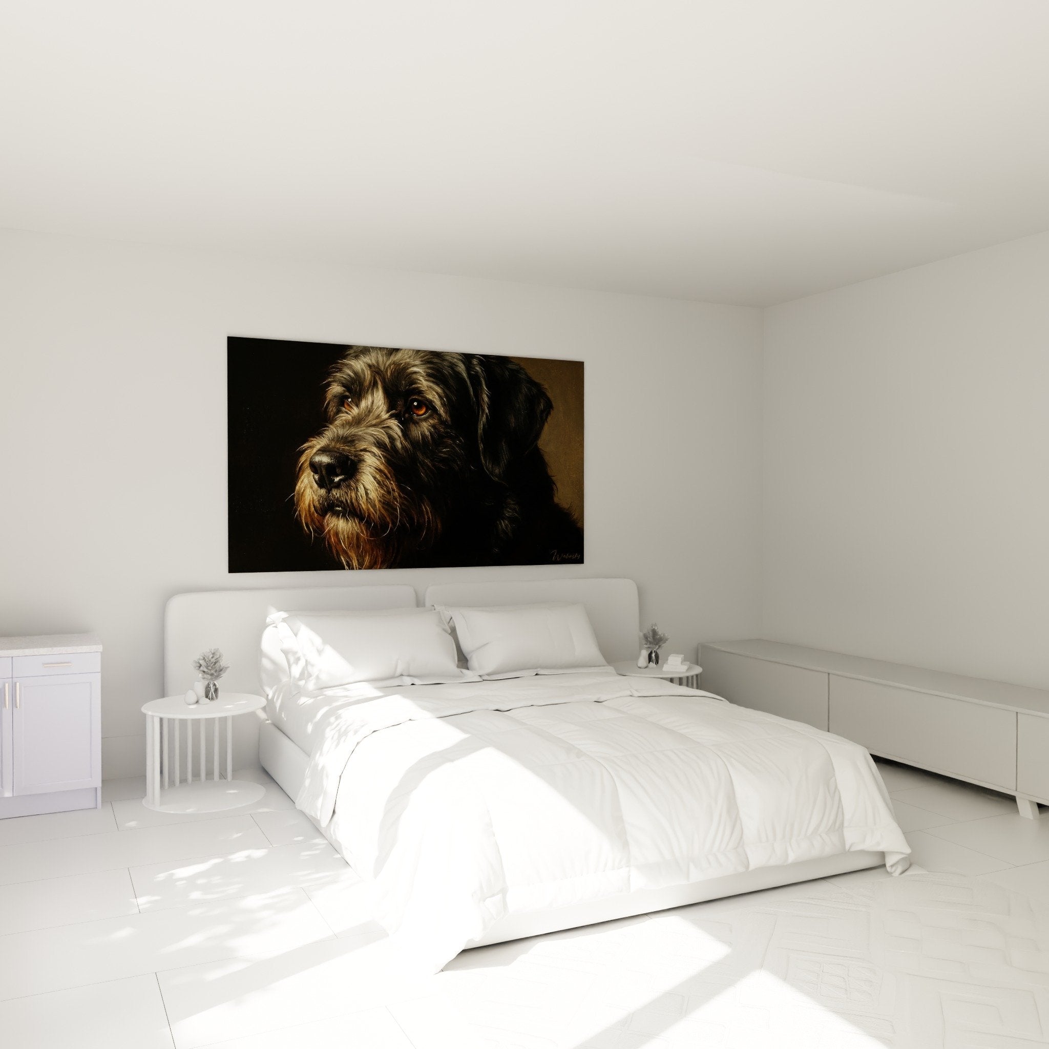 Tableau chien aux yeux miel dans chambre moderne murs beiges décoration chaleureuse apaisante