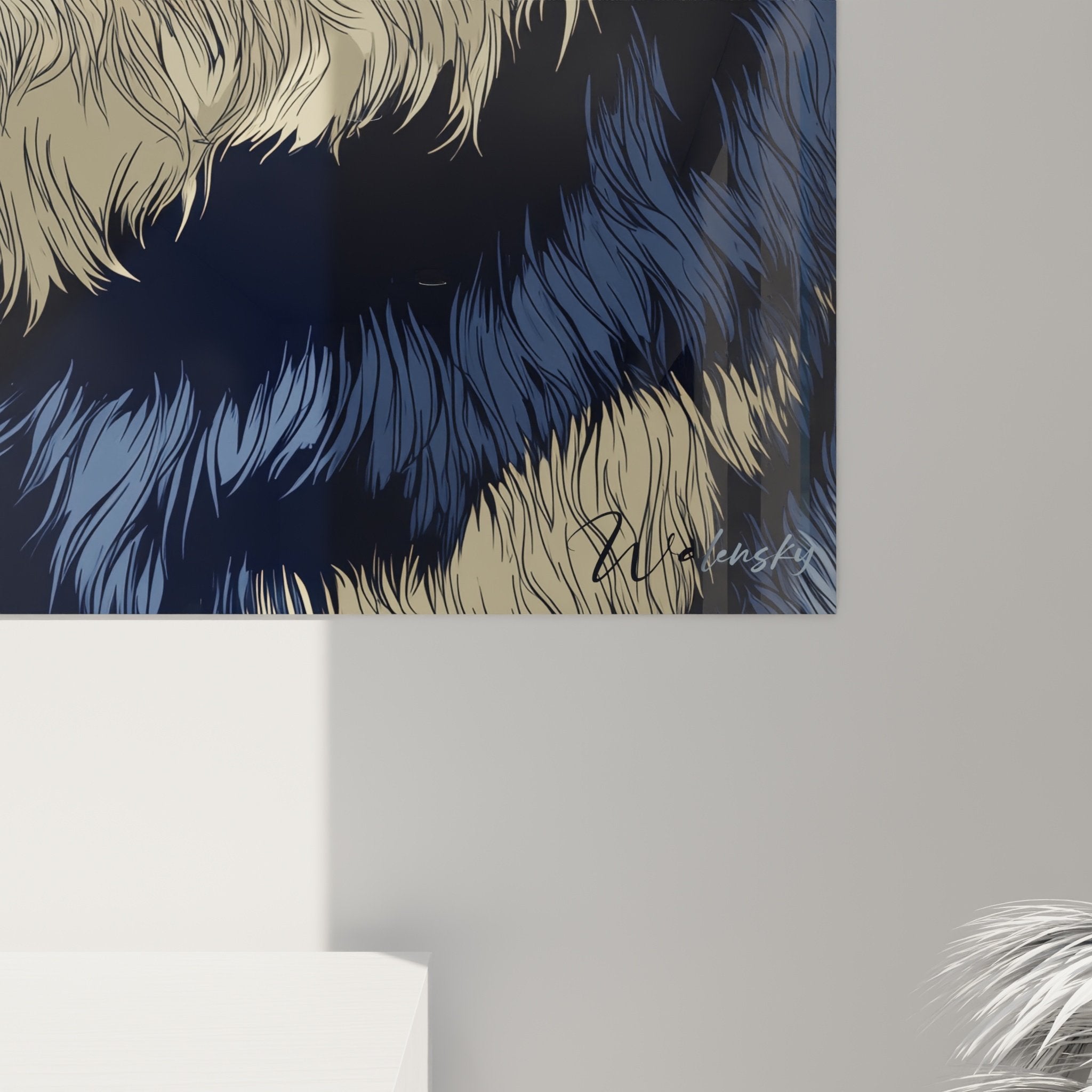 Vue ensemble tableau mural Chow Chow portrait bleu dore dans interieur moderne decoration
