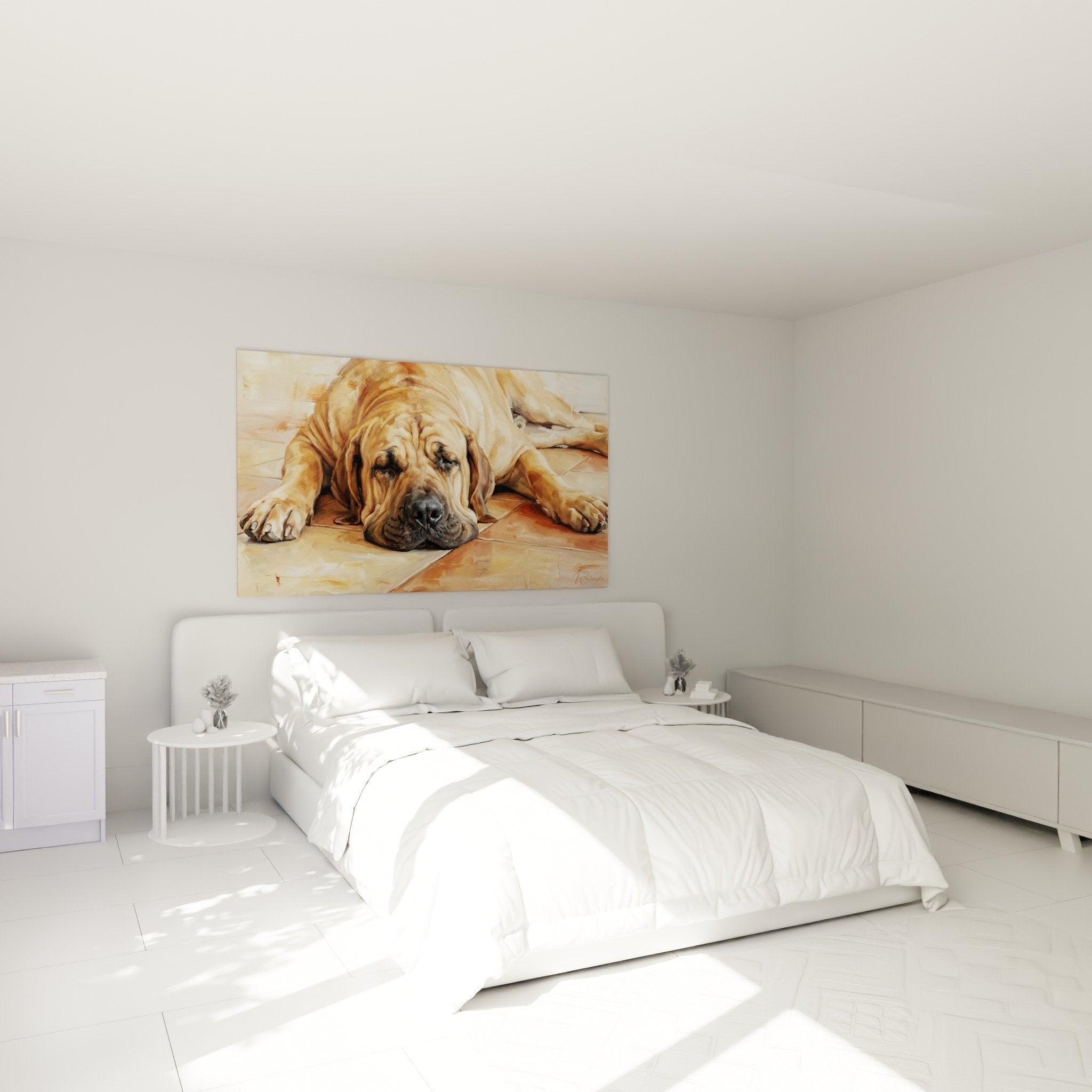 Tableau chien Fila Brasileiro doré dans chambre ambiance chaleureuse décoration murale tons miel