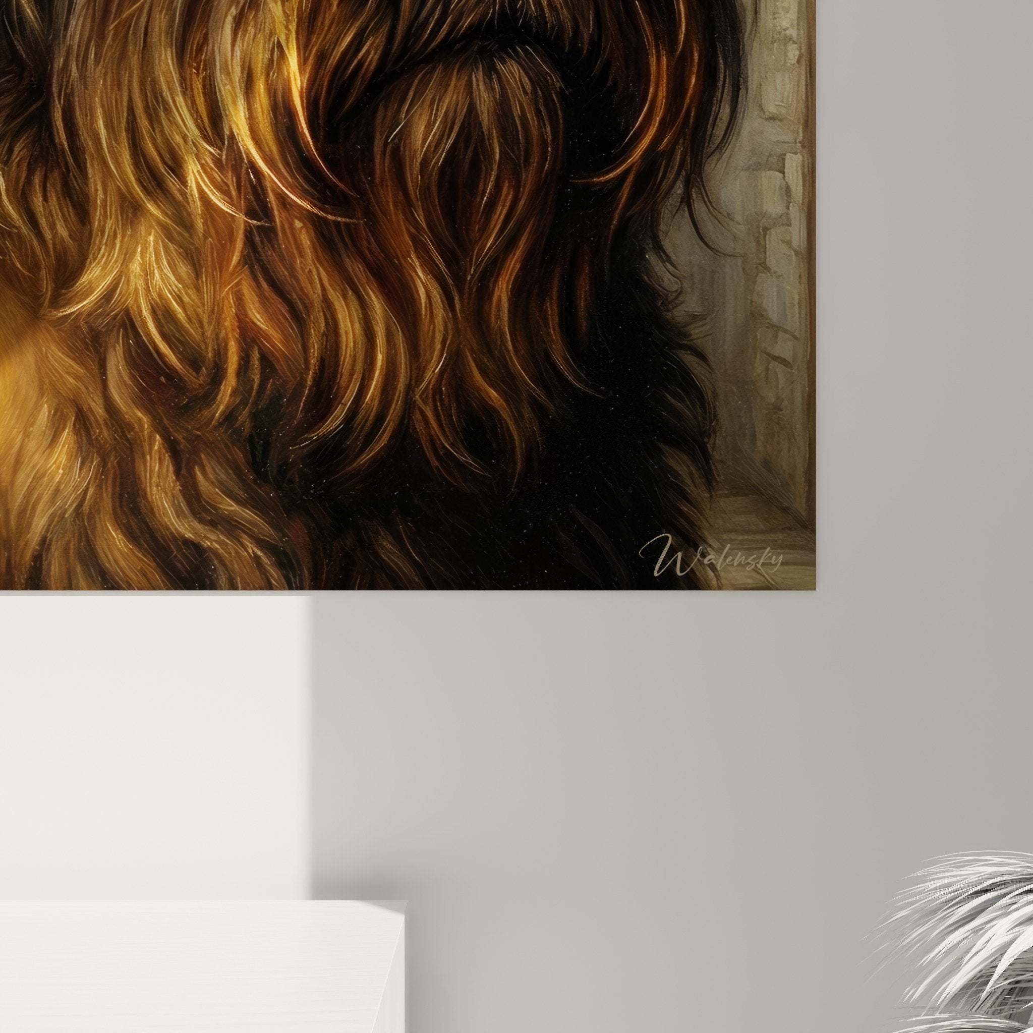 Vue d'ensemble tableau chien flamand aux reflets bronze, composition intimiste avec chandelle, art animalier