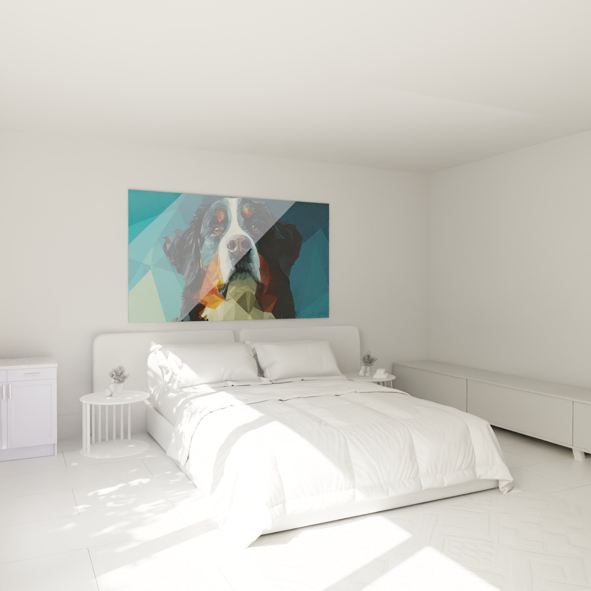 Berner Sennenhund Gemälde im Facetten-Stil an der Schlafzimmerwand aufgehängt moderne Dekoration