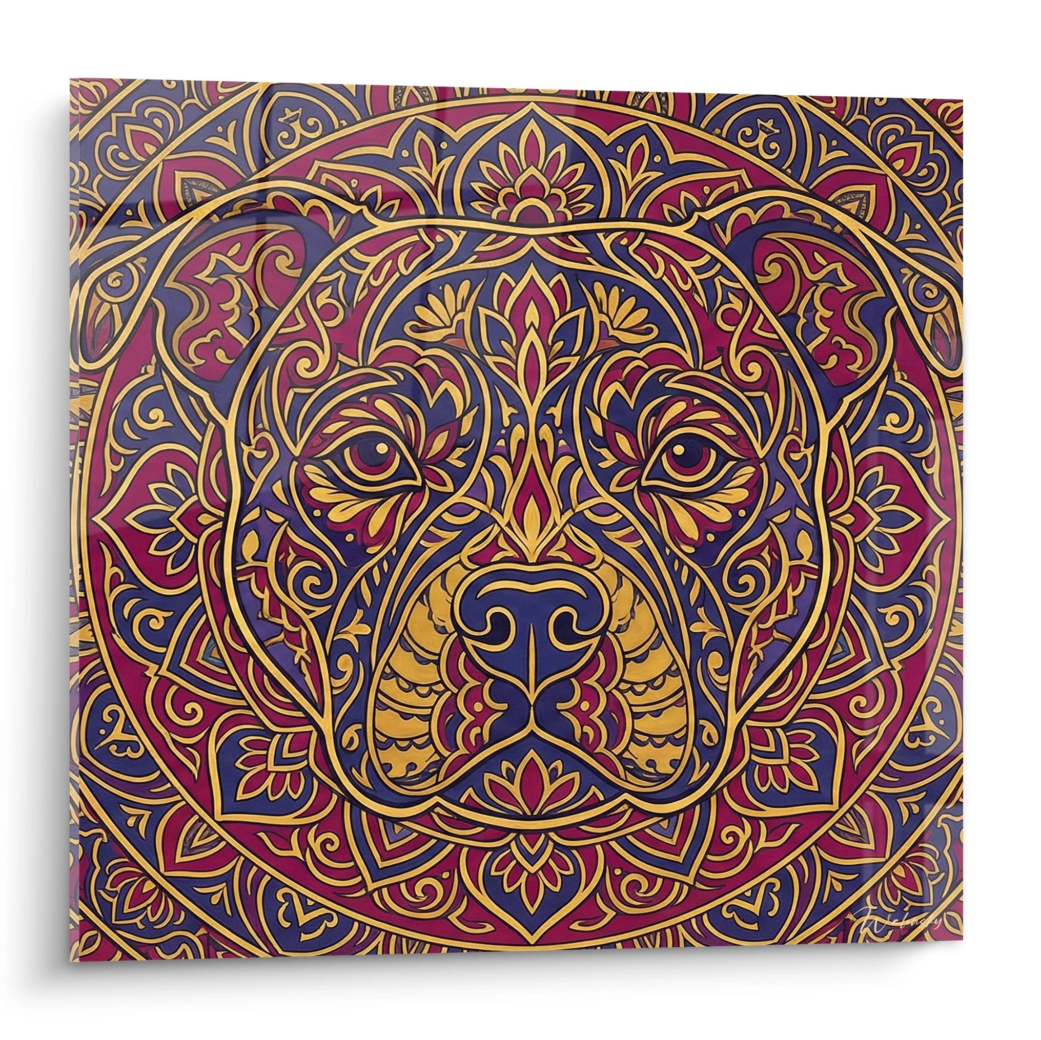 Mandala-Porträt Hund Staffordshire Stafford Terrier goldene Verzierungen orientalische Muster Bordeaux Violett dekorative Kunst