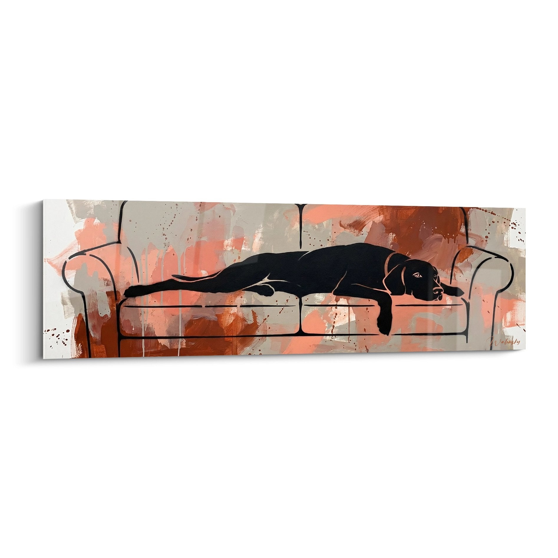 Tableau contemporain chien noir allonge canape tons corail beige art moderne edition vizsla