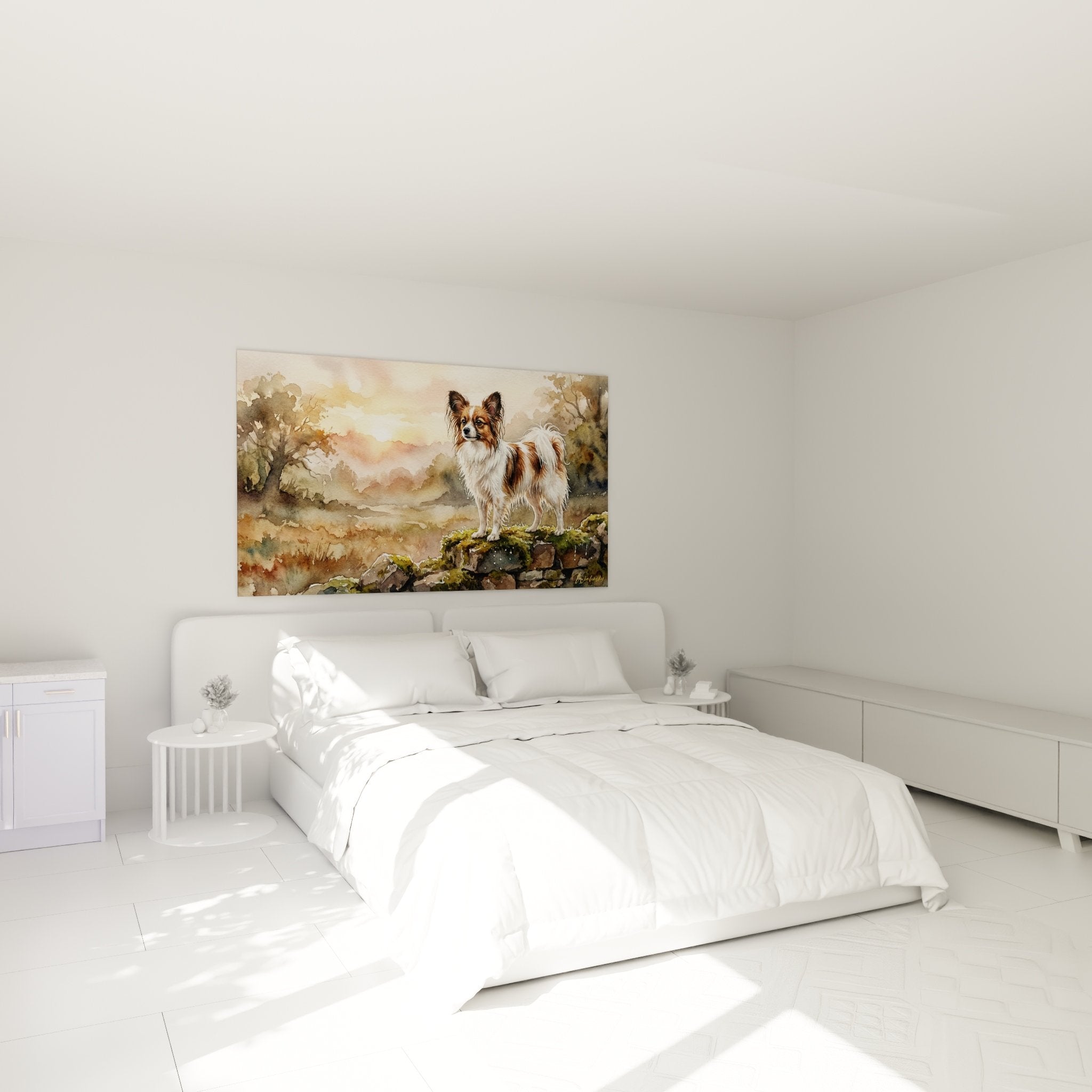 Butterfly dog watercolor painting in natural tone bedroom, soothing wall decoration