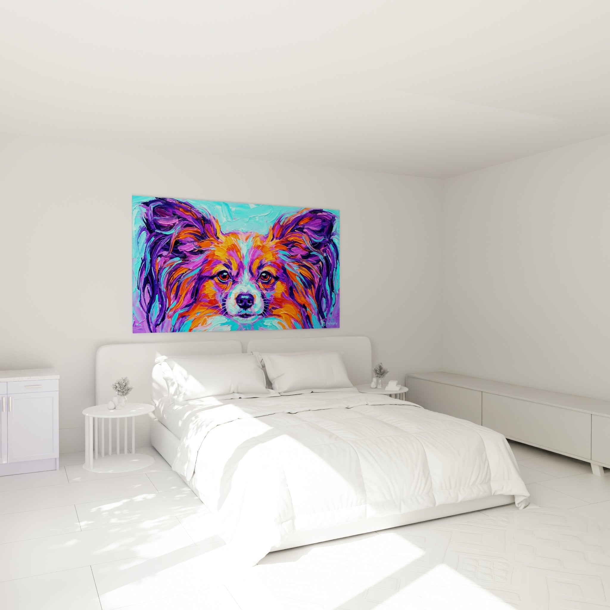 Tableau chien papillon coloré violet orange décorant chambre moderne mur blanc
