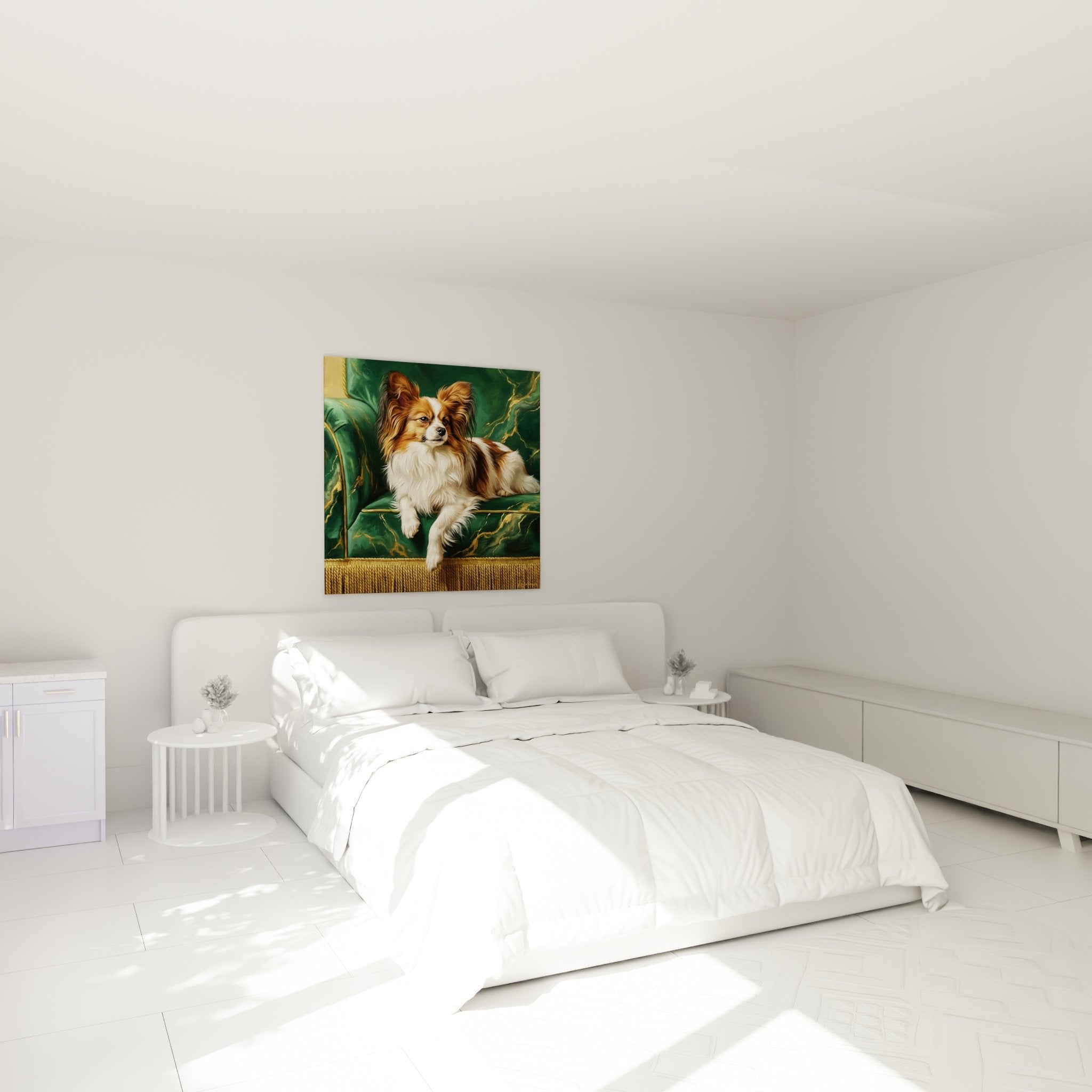 Tableau chien papillon elegant dans chambre moderne aux tons verts et dores ambiance raffinee