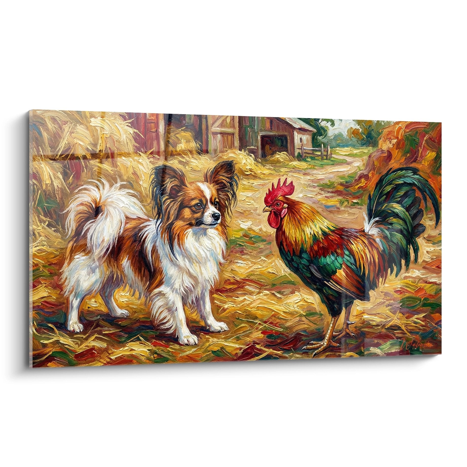 Tableau chien papillon tricolore et coq colore dans basse-cour doree style realiste peinture animaliere