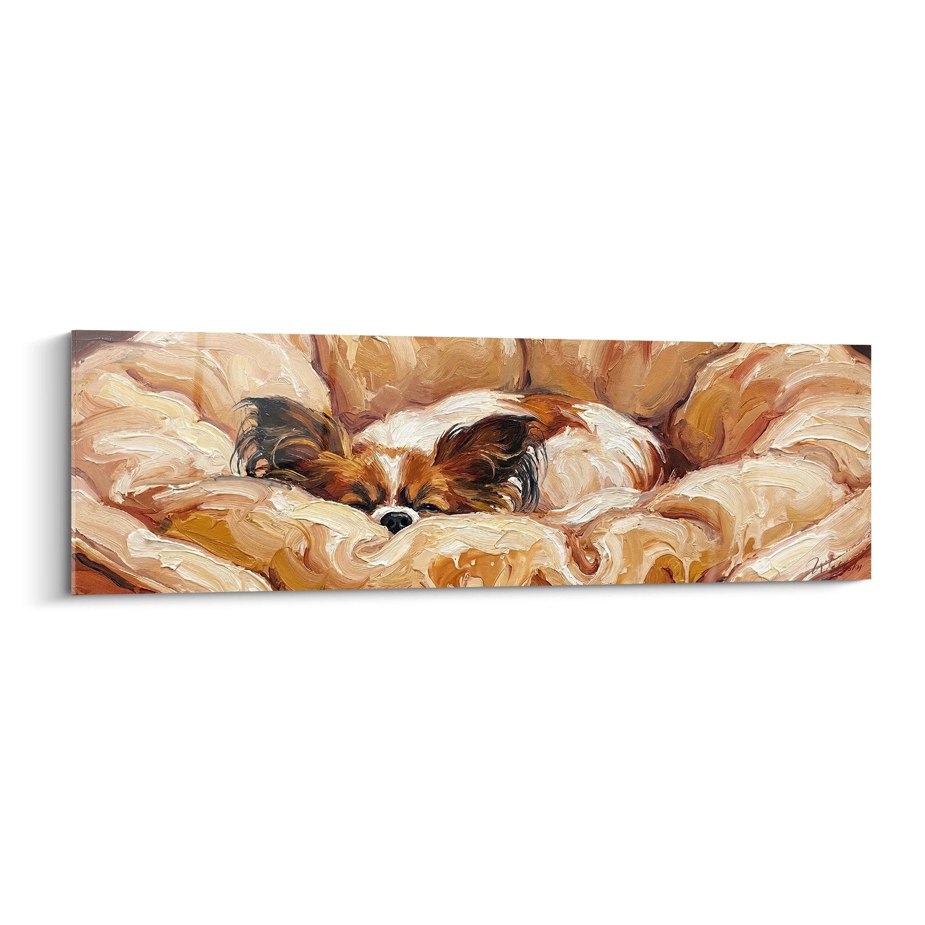 Tableau peinture chien papillon endormi couvertures beiges crème art mural cocooning