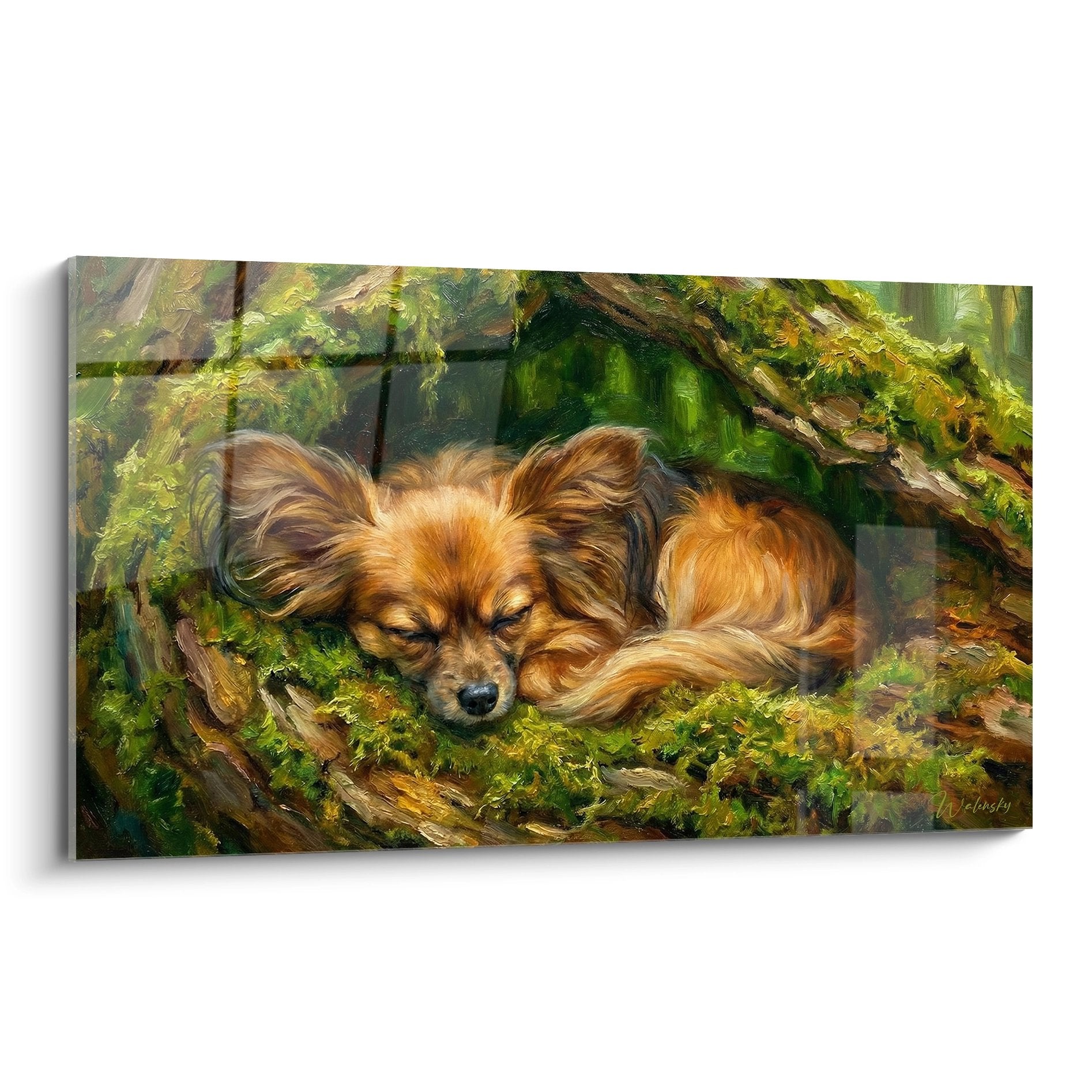Tableau peinture chien papillon endormi dans mousse verte foret pelage dore roux oreilles soyeuses repos nature