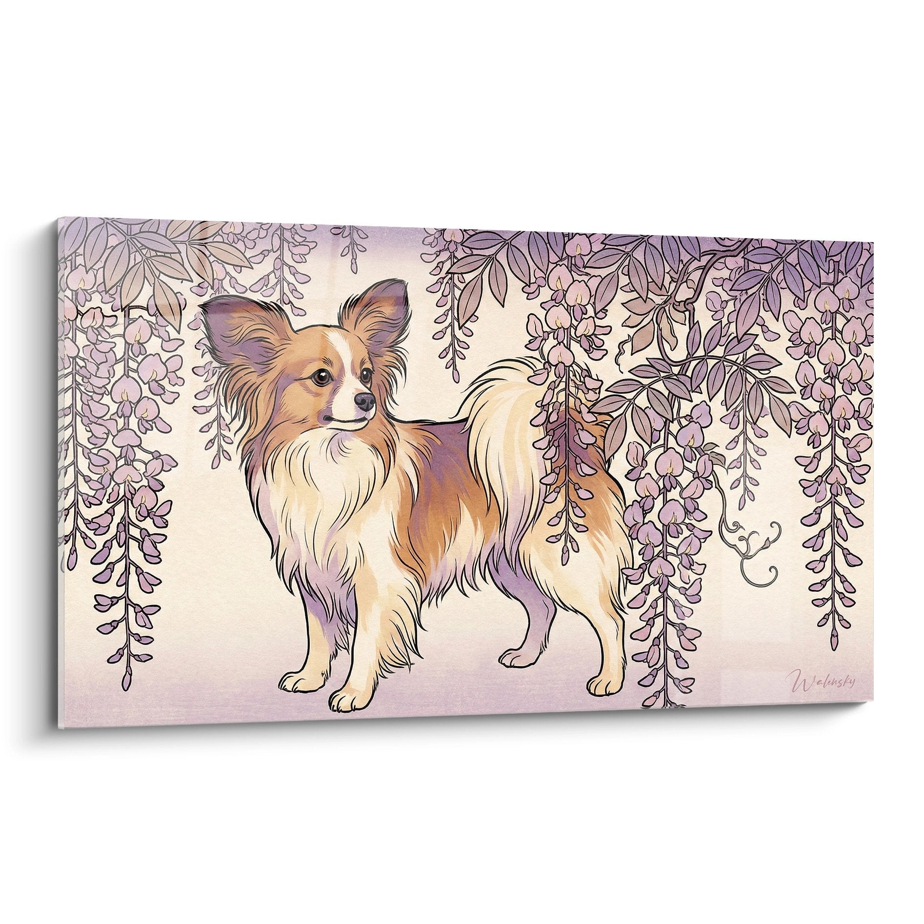 Decorative artwork brown and white butterfly dog under purple wisteria waterfall rosy background artistic style