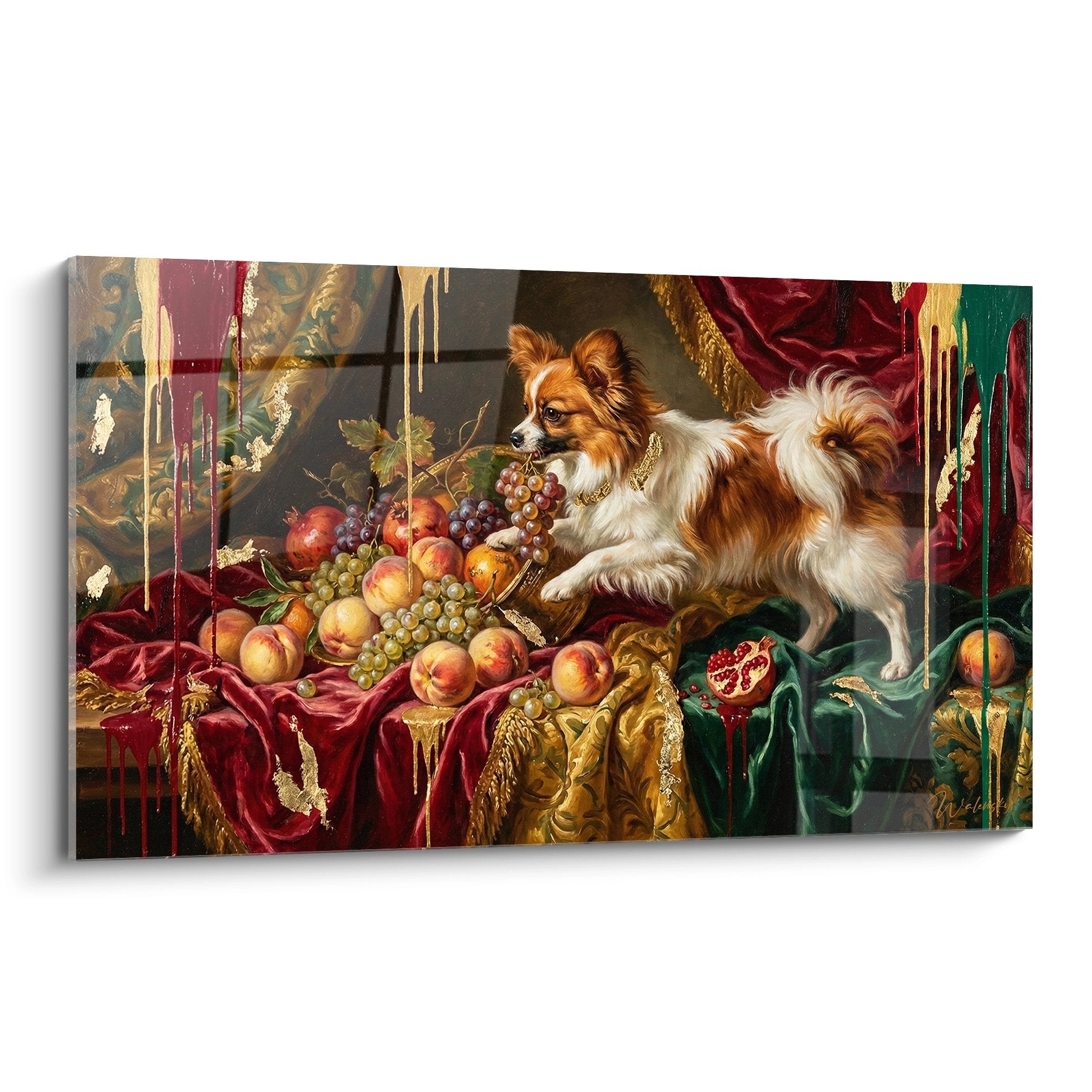 Tableau chien Papillon nature morte baroque fruits rouges or velours composition luxueuse art mural décoratif