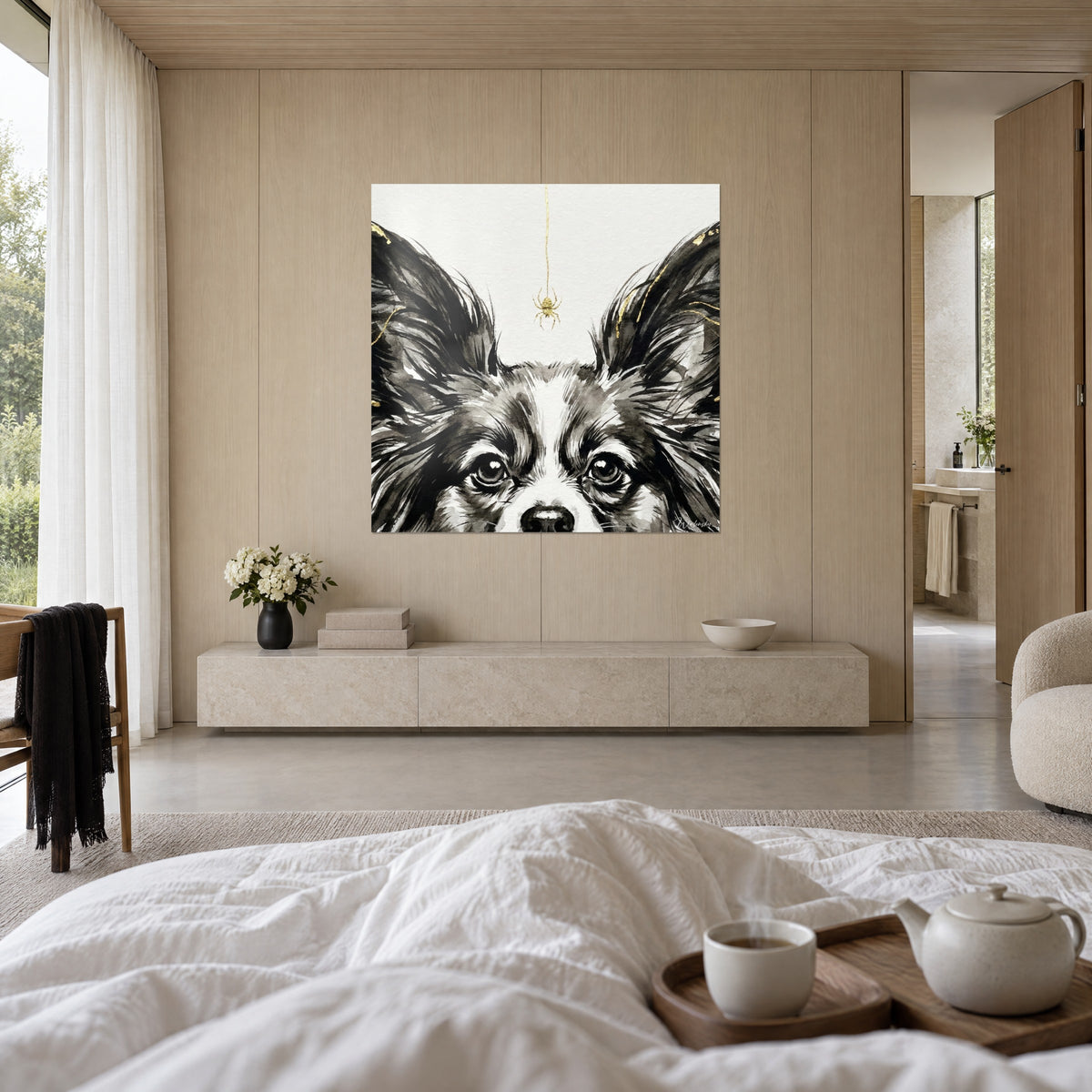 Cuadro de un retrato canino con grandes orejas erguidas en tinta negra, vetas doradas y araña dorada, mujer de espaldas sobre una cama en un dormitorio luminoso