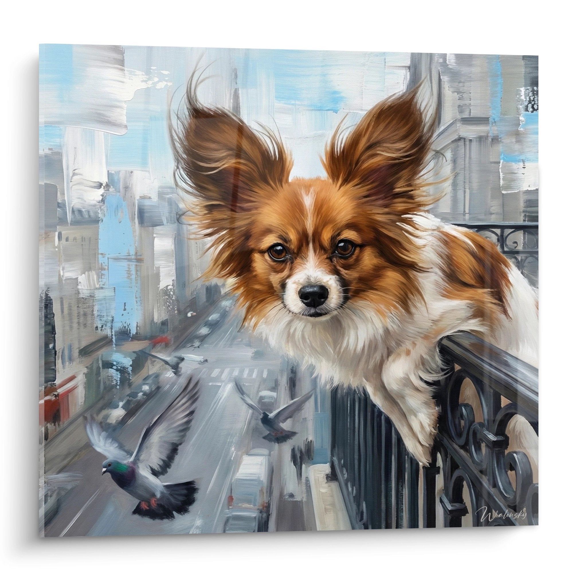 tableau chien papillon roux oreilles dressees balcon urbain ville gratte-ciel pigeons art canin moderne