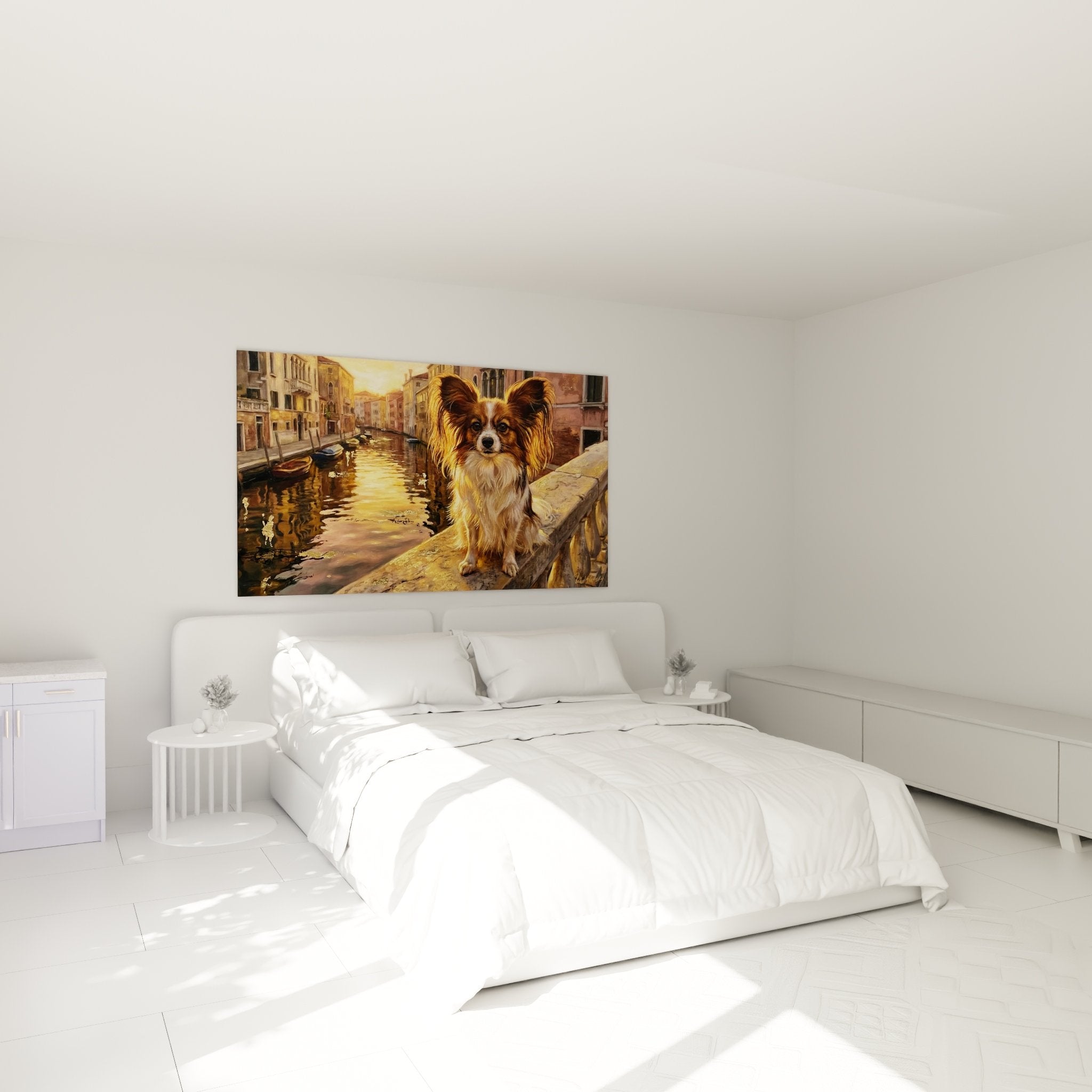 Tableau chien épagneul papillon Venise exposé dans chambre moderne avec décoration chaleureuse