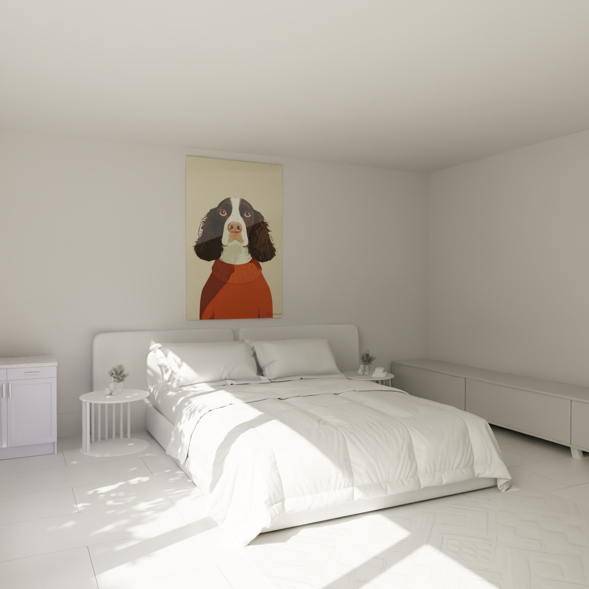 Tableau chien pull orange dans chambre moderne decoration murale contemporaine Springer Anglais