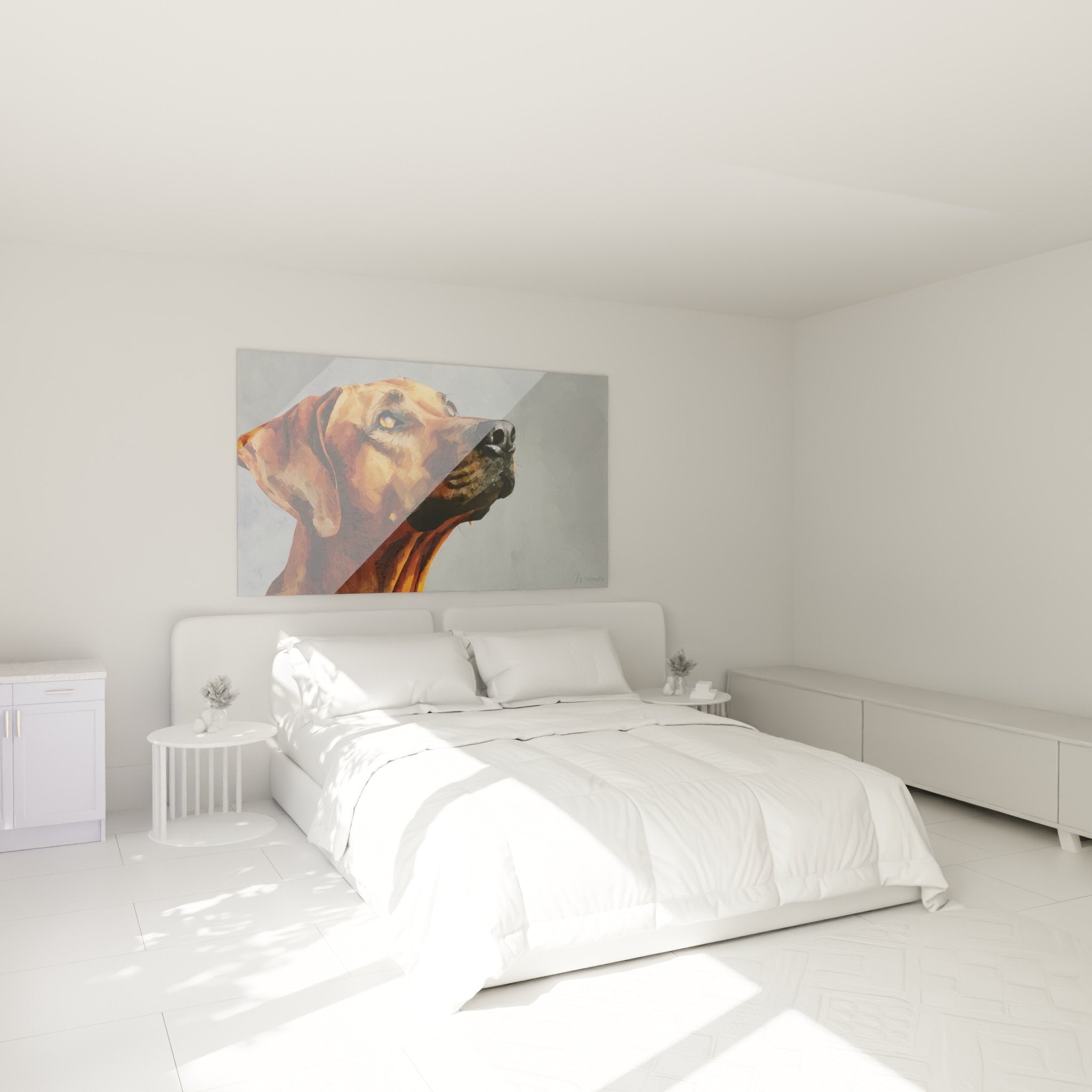 Tableau Rhodesian Ridgeback dans chambre moderne avec décoration chaleureuse tons naturels